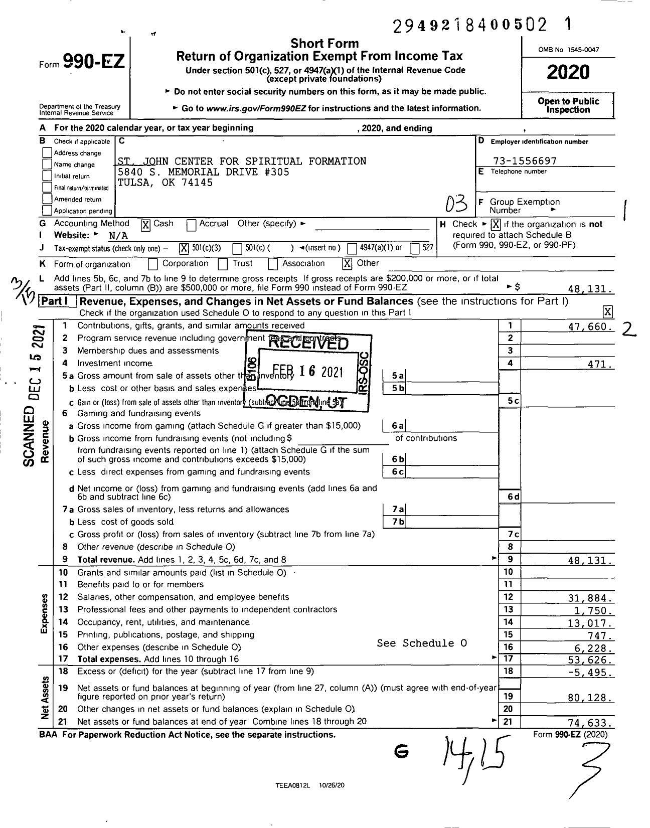 Image of first page of 2020 Form 990EZ for St John Center for Spiritual Formation