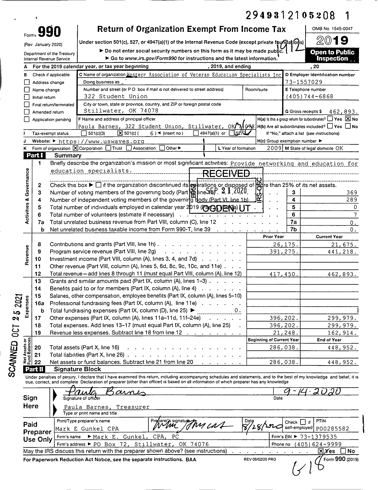 Image of first page of 2019 Form 990O for Western Association of Veteran Education Specialists