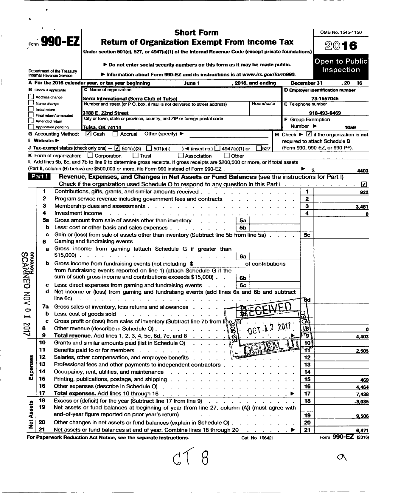 Image of first page of 2016 Form 990EZ for Serra Club of Tulsa - 967 Tulsa Ok