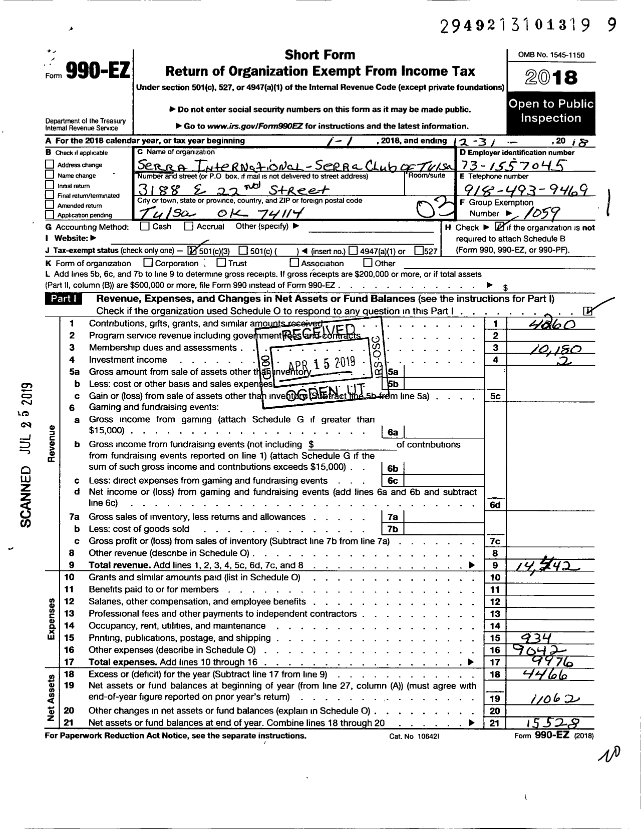 Image of first page of 2018 Form 990EZ for Serra Club of Tulsa - 967 Tulsa Ok