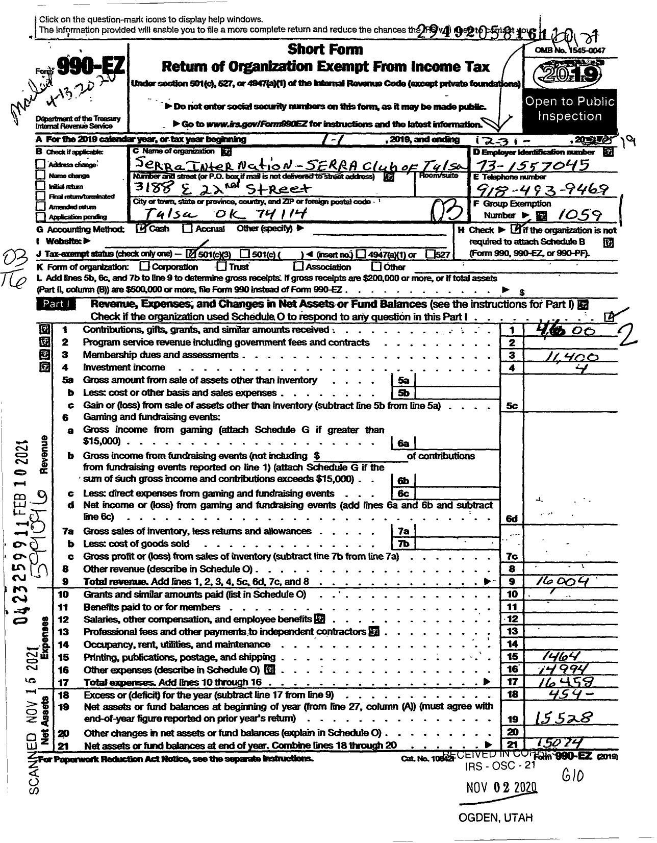 Image of first page of 2019 Form 990EZ for Serra Club of Tulsa - 967 Tulsa Ok