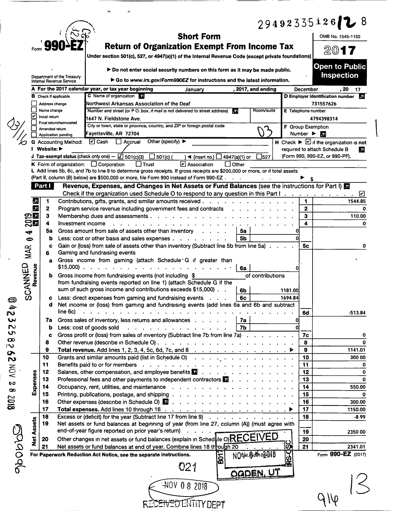 Image of first page of 2017 Form 990EZ for Northwest Arkansas Association of the Deaf