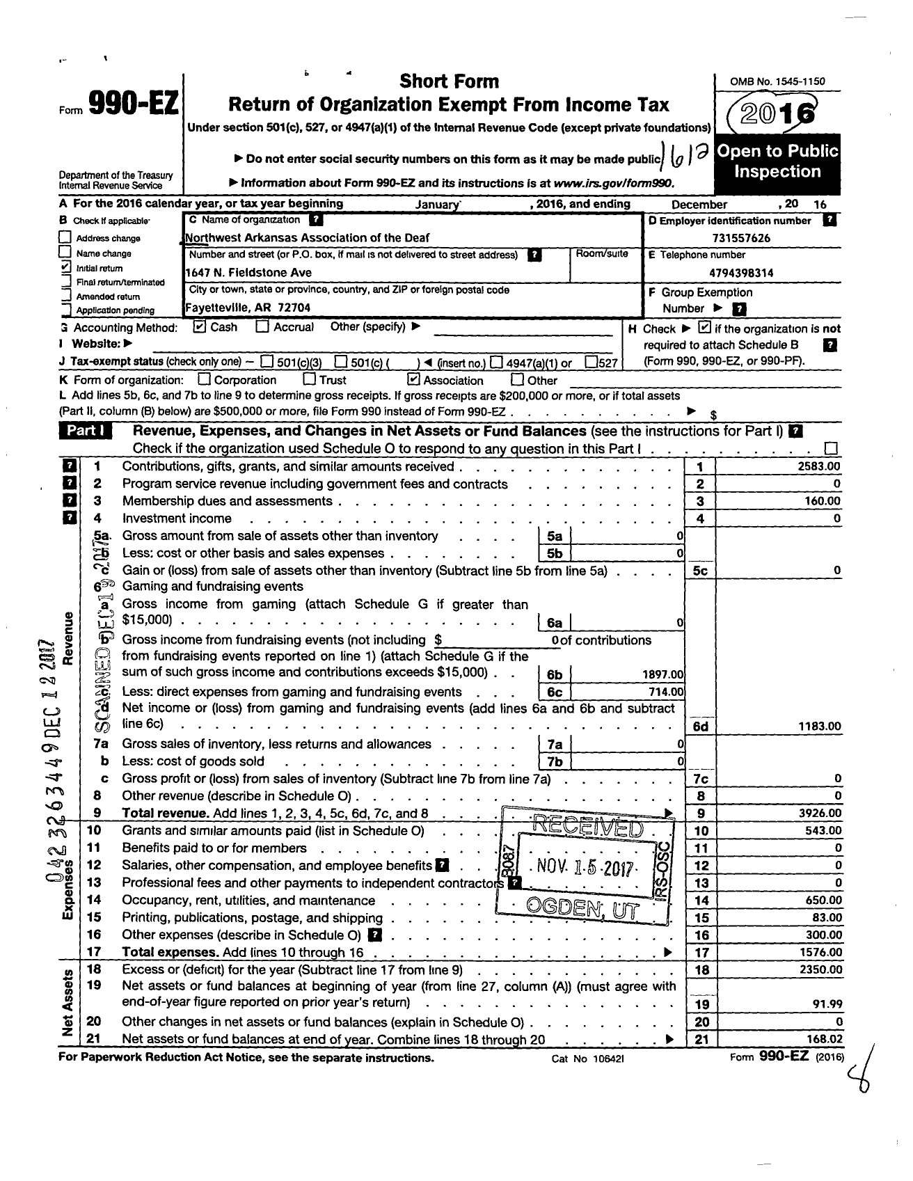 Image of first page of 2016 Form 990EO for Northwest Arkansas Association of the Deaf