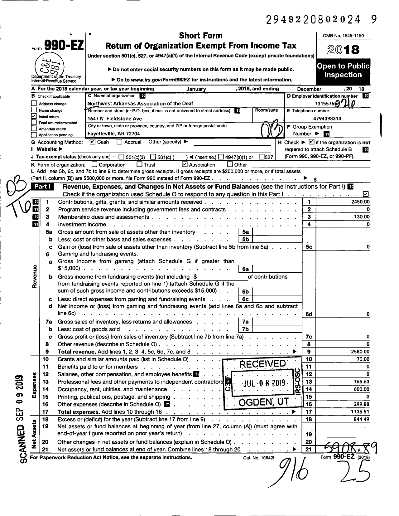 Image of first page of 2018 Form 990EZ for Northwest Arkansas Association of the Deaf