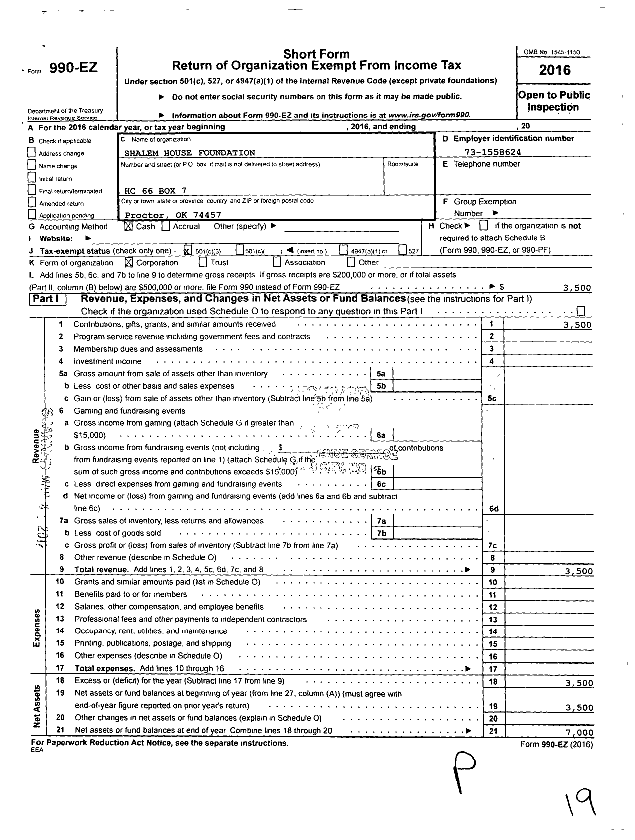 Image of first page of 2016 Form 990EZ for Shalem House Foundation