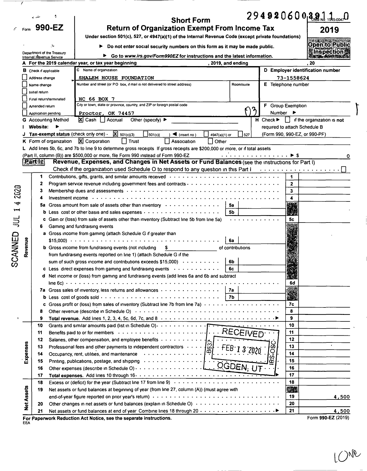 Image of first page of 2019 Form 990EZ for Shalem House Foundation