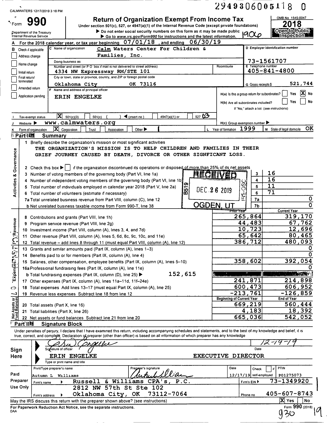Image of first page of 2018 Form 990 for Calm Waters Center for Children and Families