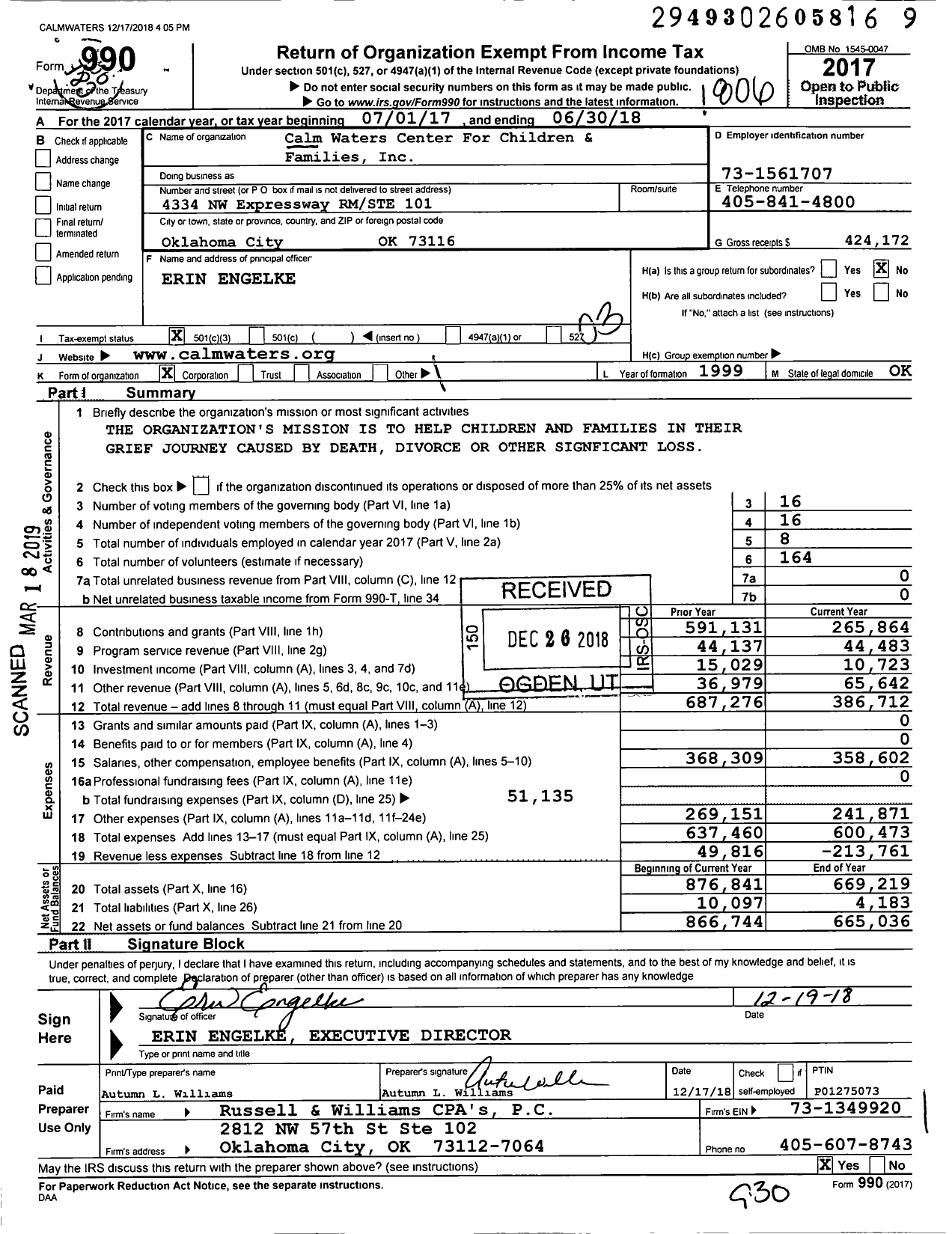 Image of first page of 2017 Form 990 for Calm Waters Center for Children and Families