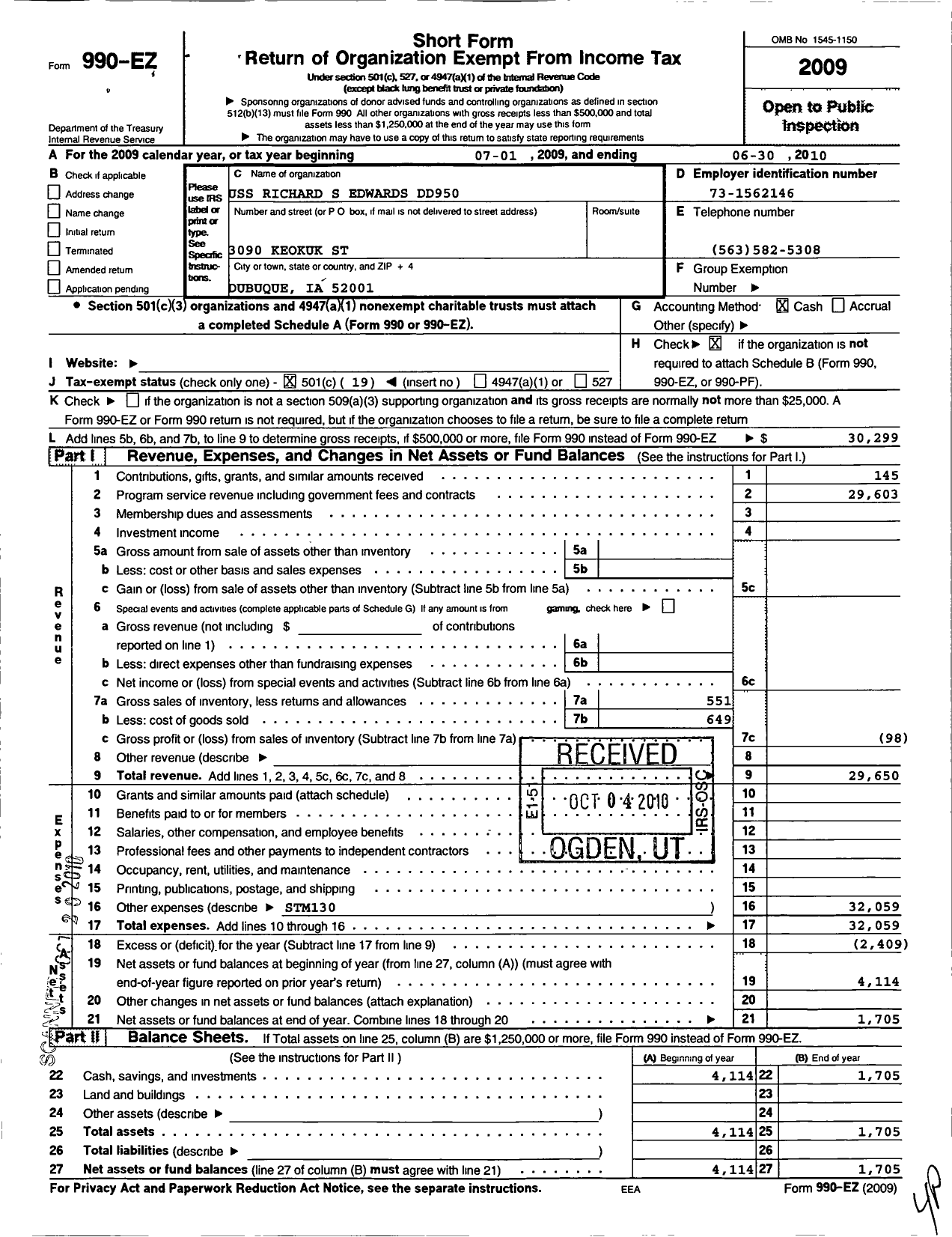 Image of first page of 2009 Form 990EO for Uss Richard S Edwards DD950 Association