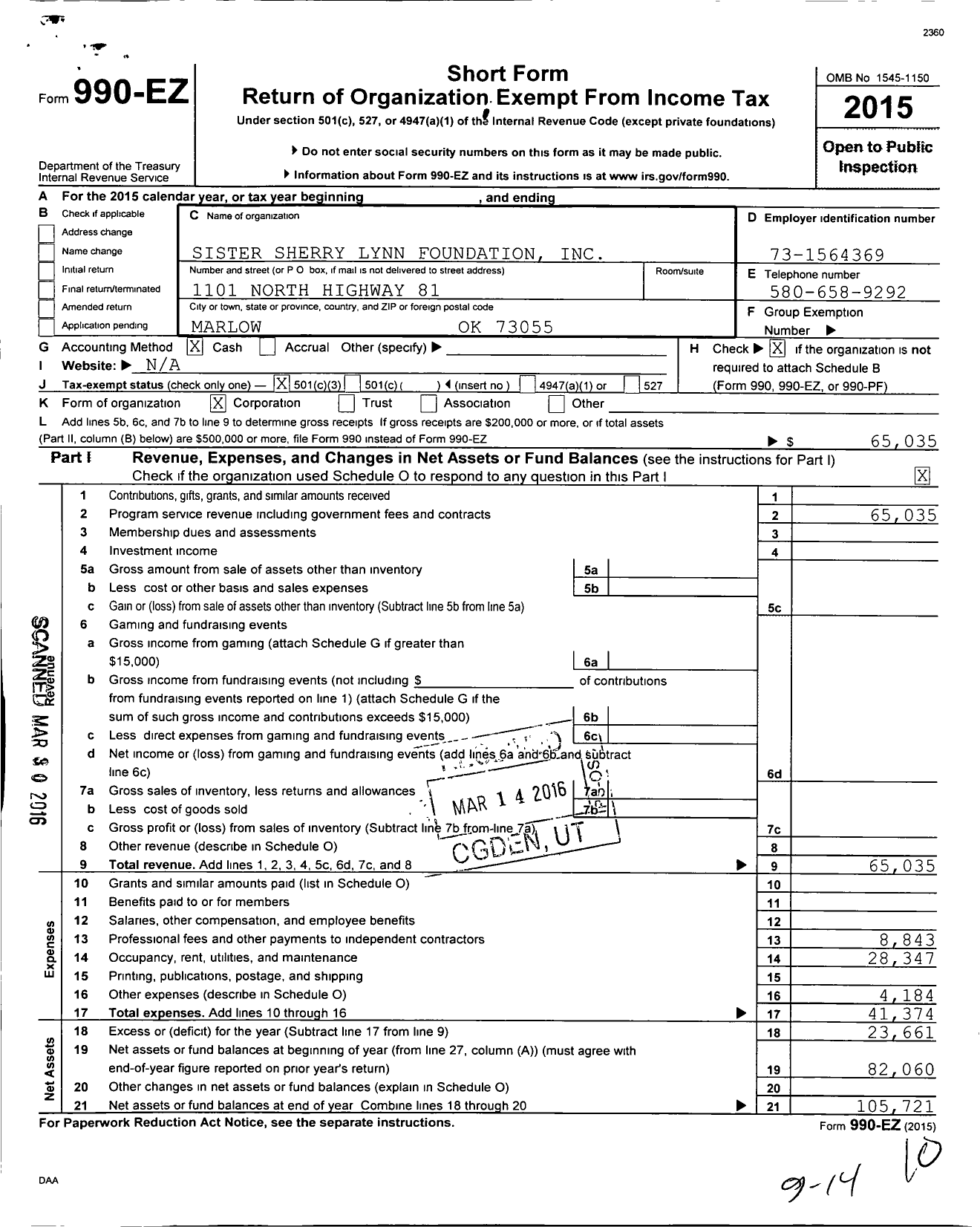 Image of first page of 2015 Form 990EZ for Sister Sherry Lynn Foundation