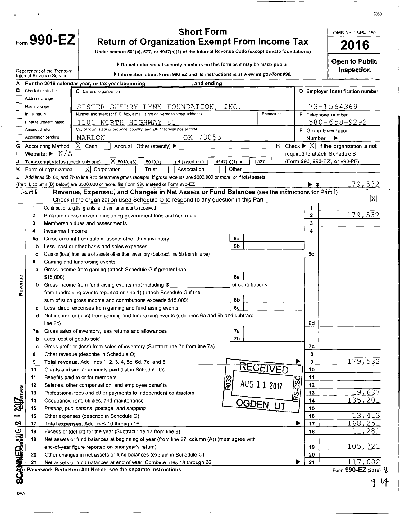 Image of first page of 2016 Form 990EZ for Sister Sherry Lynn Foundation