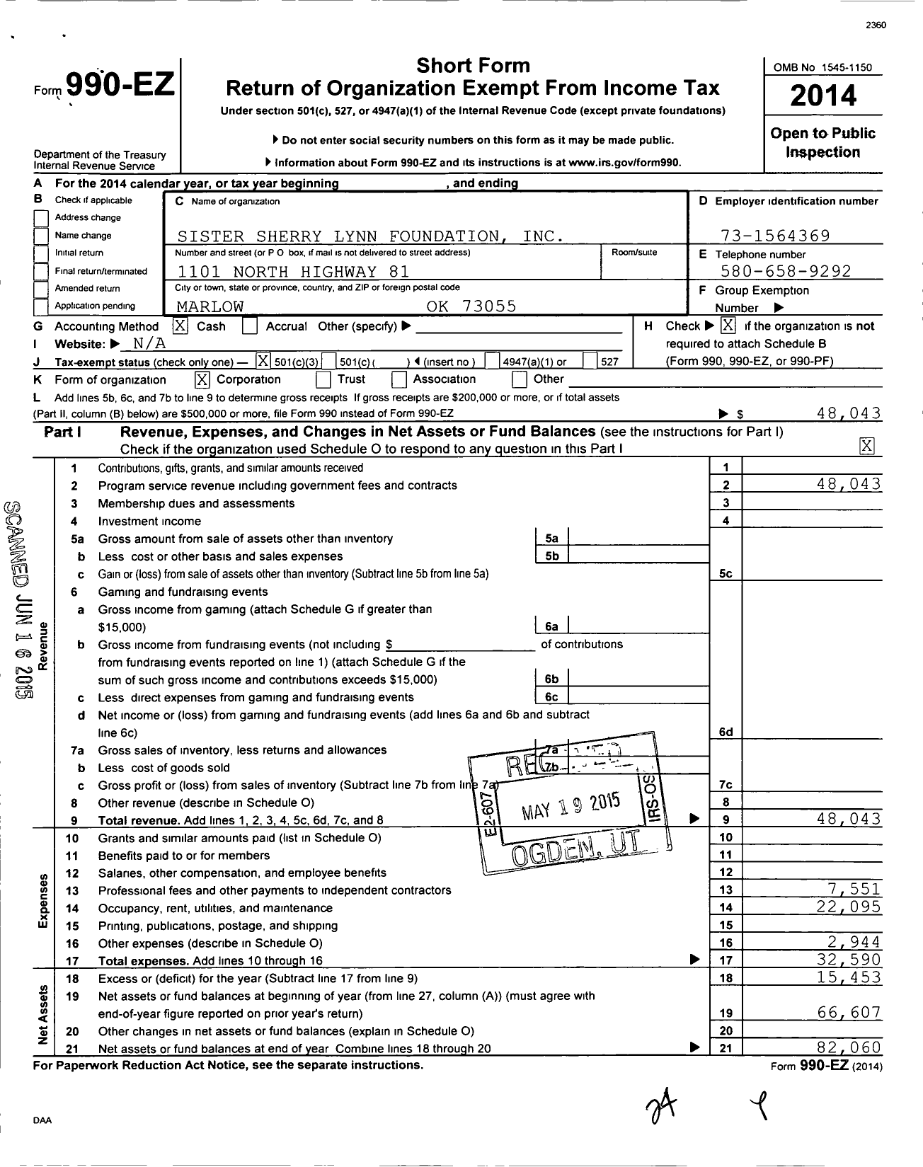 Image of first page of 2014 Form 990EZ for Sister Sherry Lynn Foundation