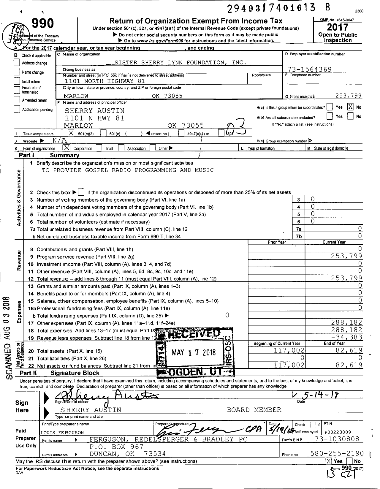 Image of first page of 2017 Form 990 for Sister Sherry Lynn Foundation