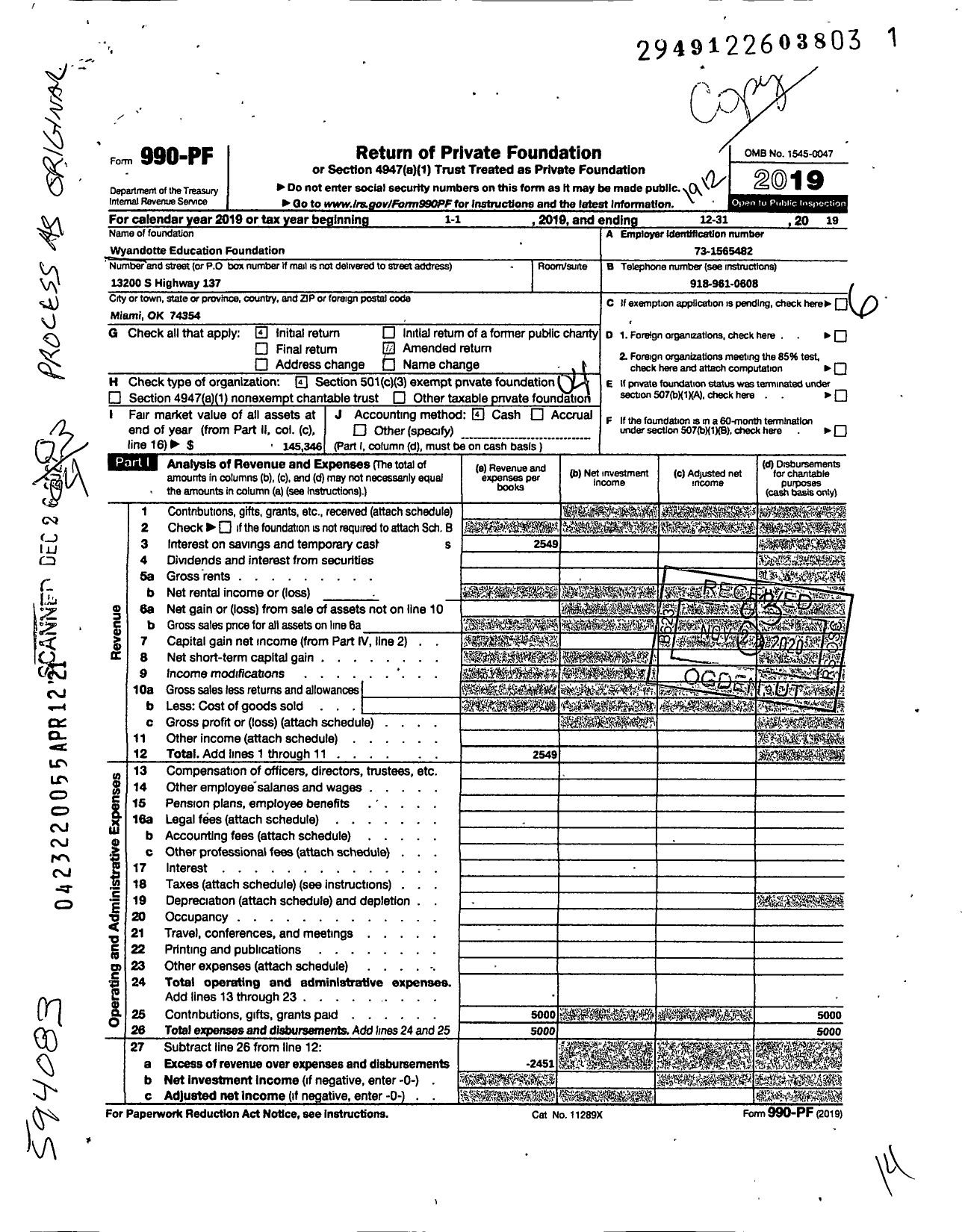 Image of first page of 2019 Form 990PF for Wyandotte Education Foundation