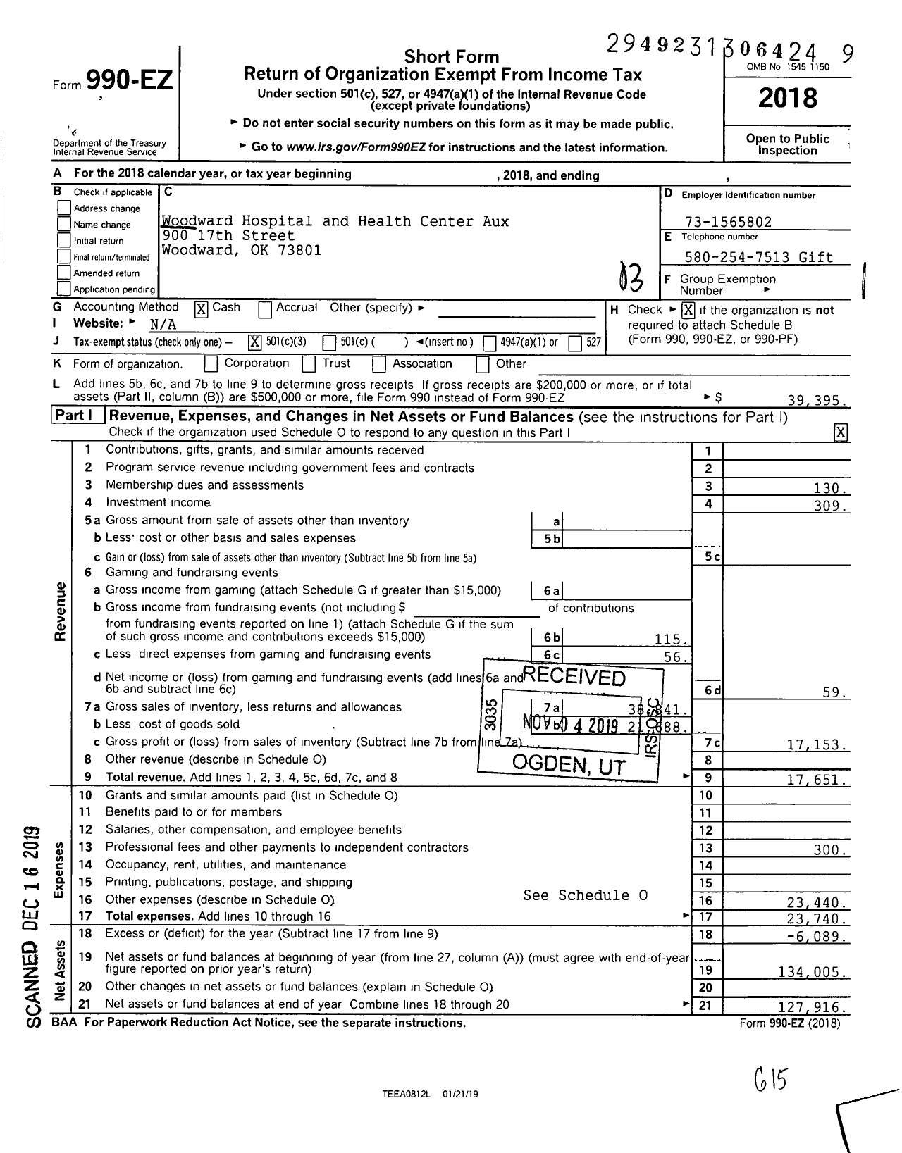 Image of first page of 2018 Form 990EZ for Woodward Hospital and Health Center Aux