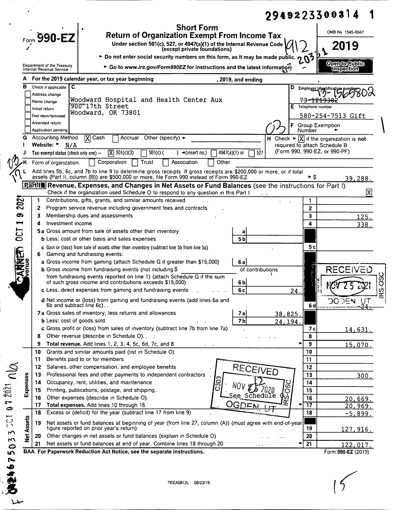 Image of first page of 2019 Form 990EZ for Woodward Hospital and Health Center Aux