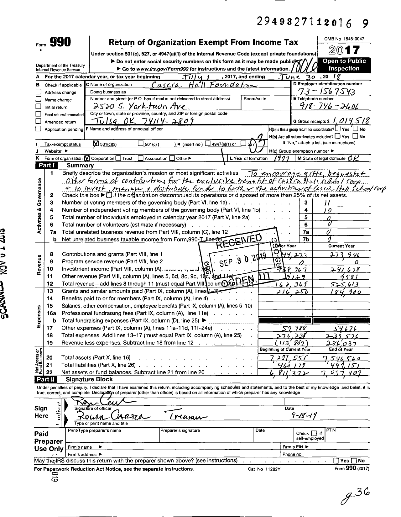 Image of first page of 2017 Form 990 for Cascia Hall Foundation
