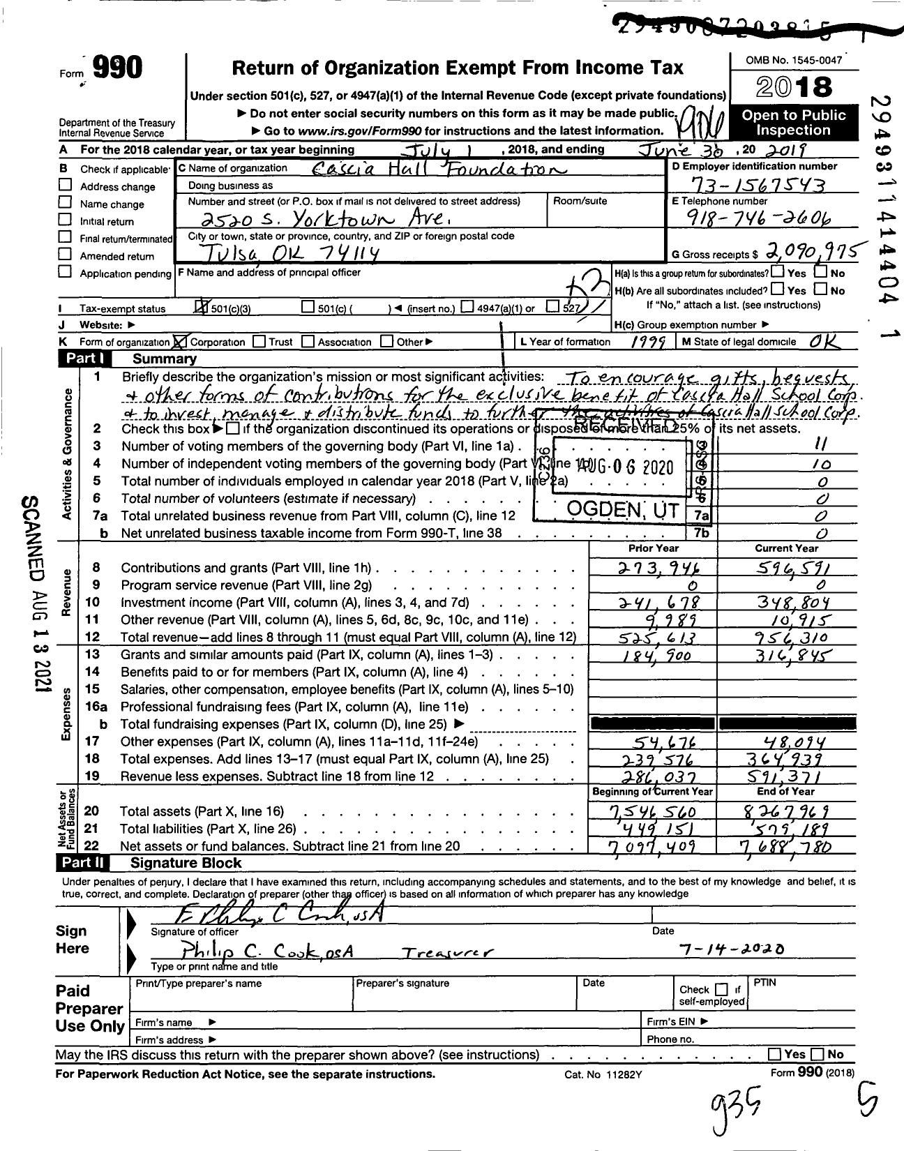 Image of first page of 2018 Form 990 for Cascia Hall Foundation