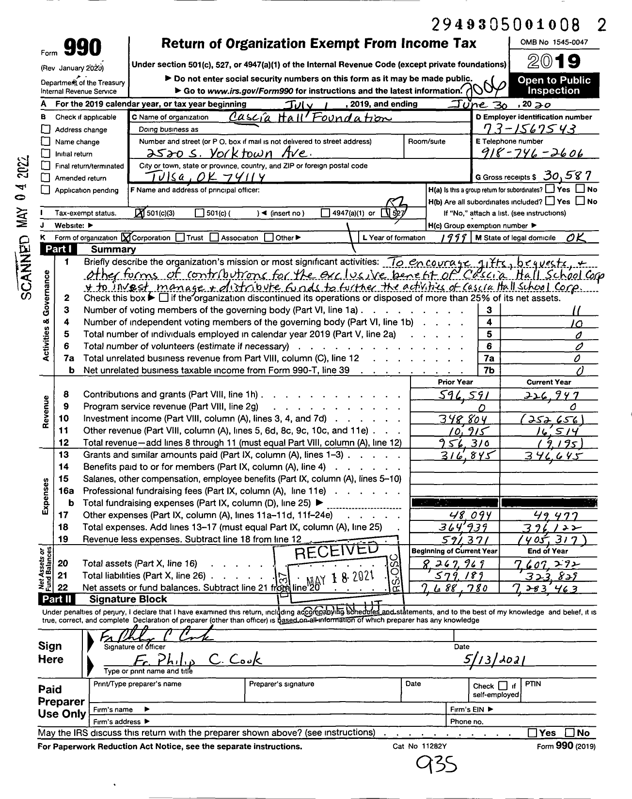 Image of first page of 2019 Form 990 for Cascia Hall Foundation