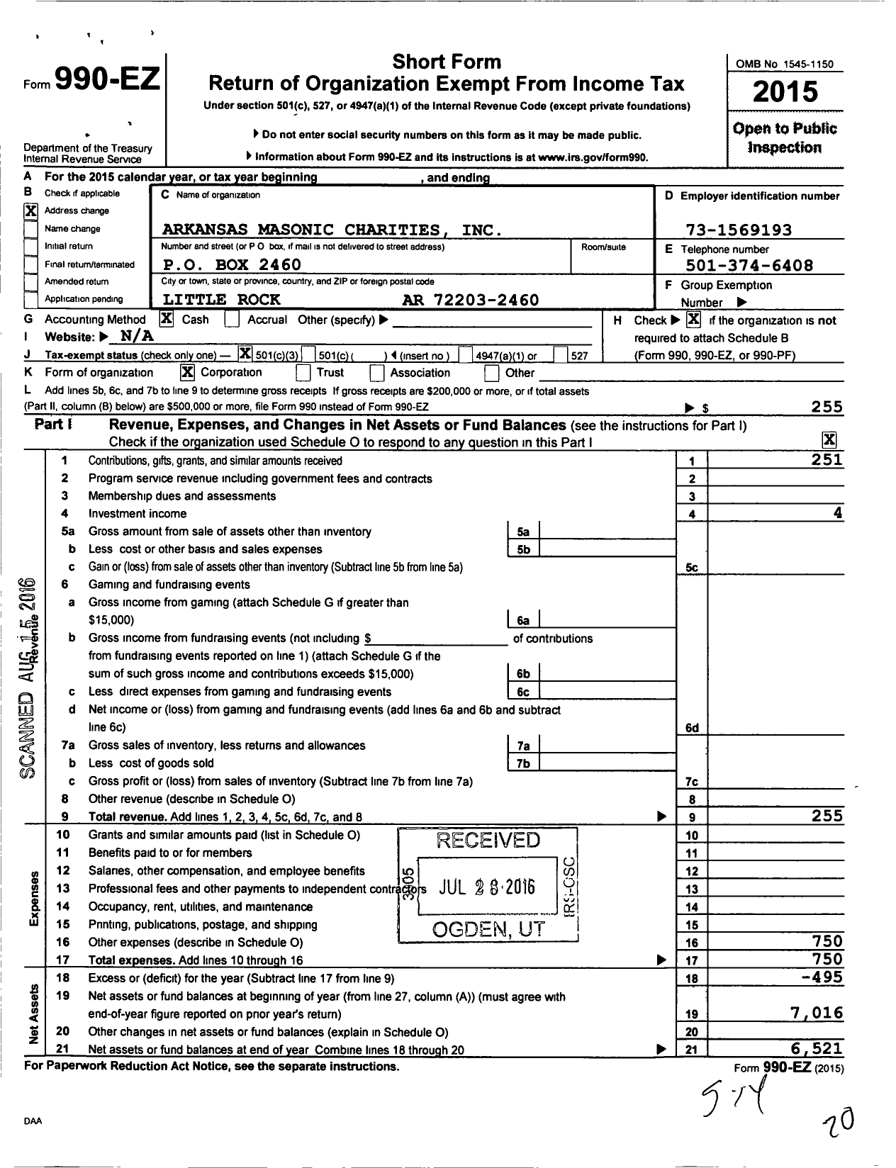Image of first page of 2015 Form 990EZ for Arkansas Masonic Charities