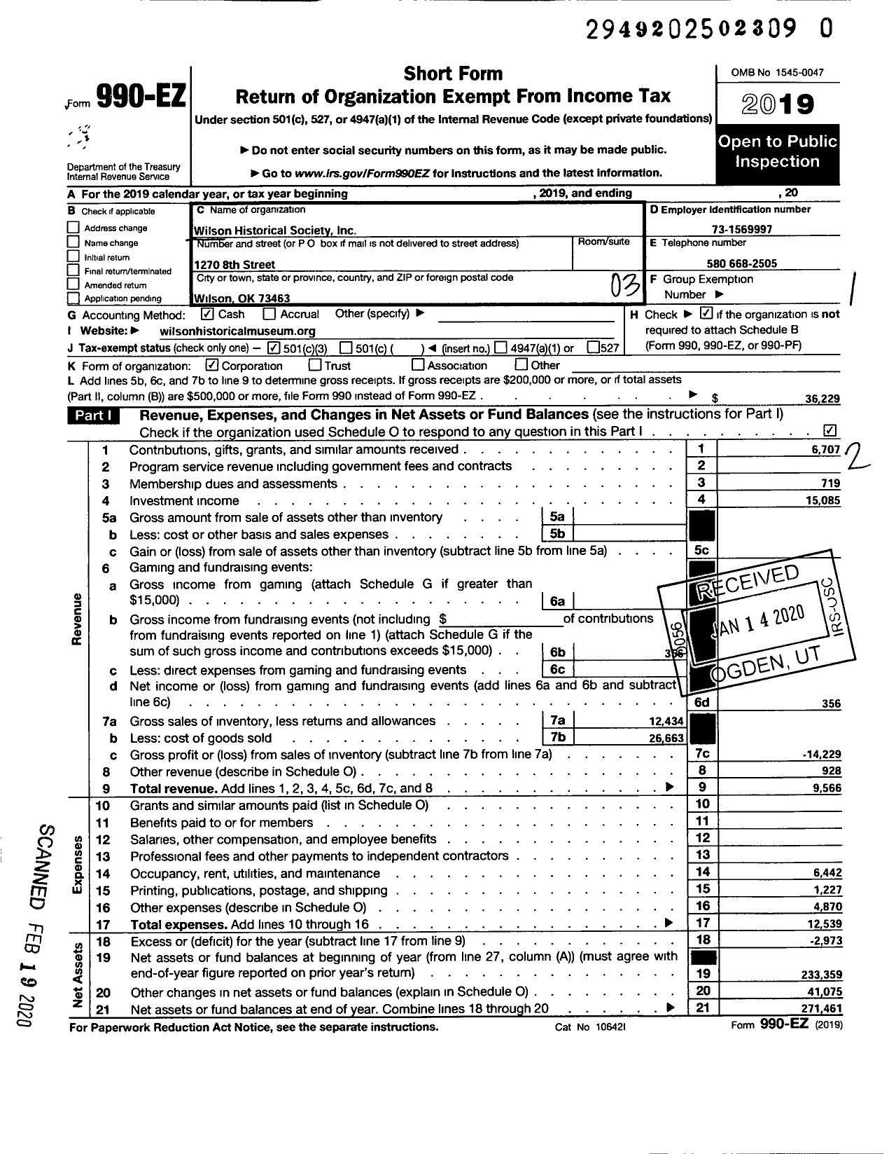 Image of first page of 2019 Form 990EZ for Wilson Historical Society