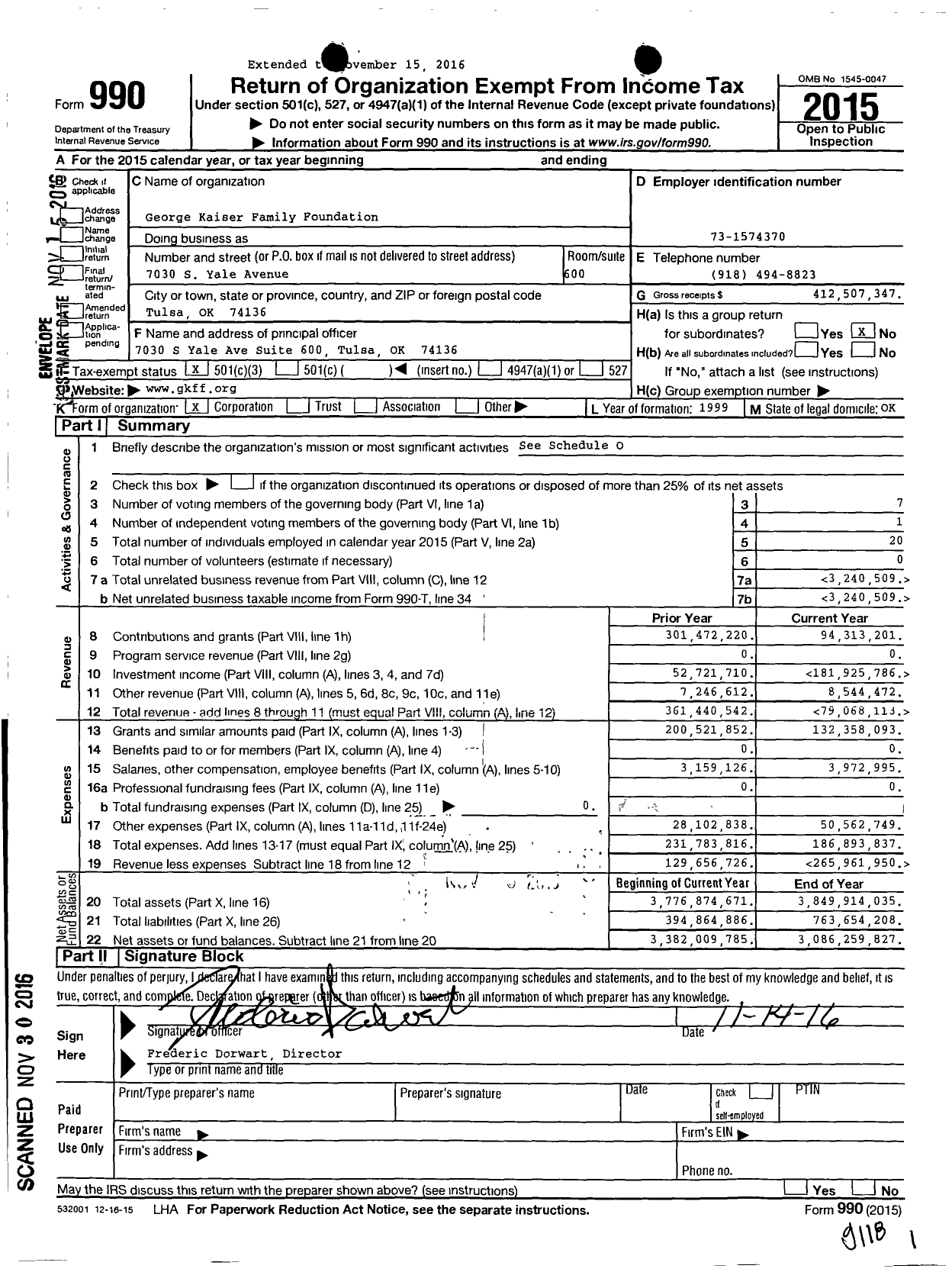 Image of first page of 2015 Form 990 for George Kaiser Family Foundation