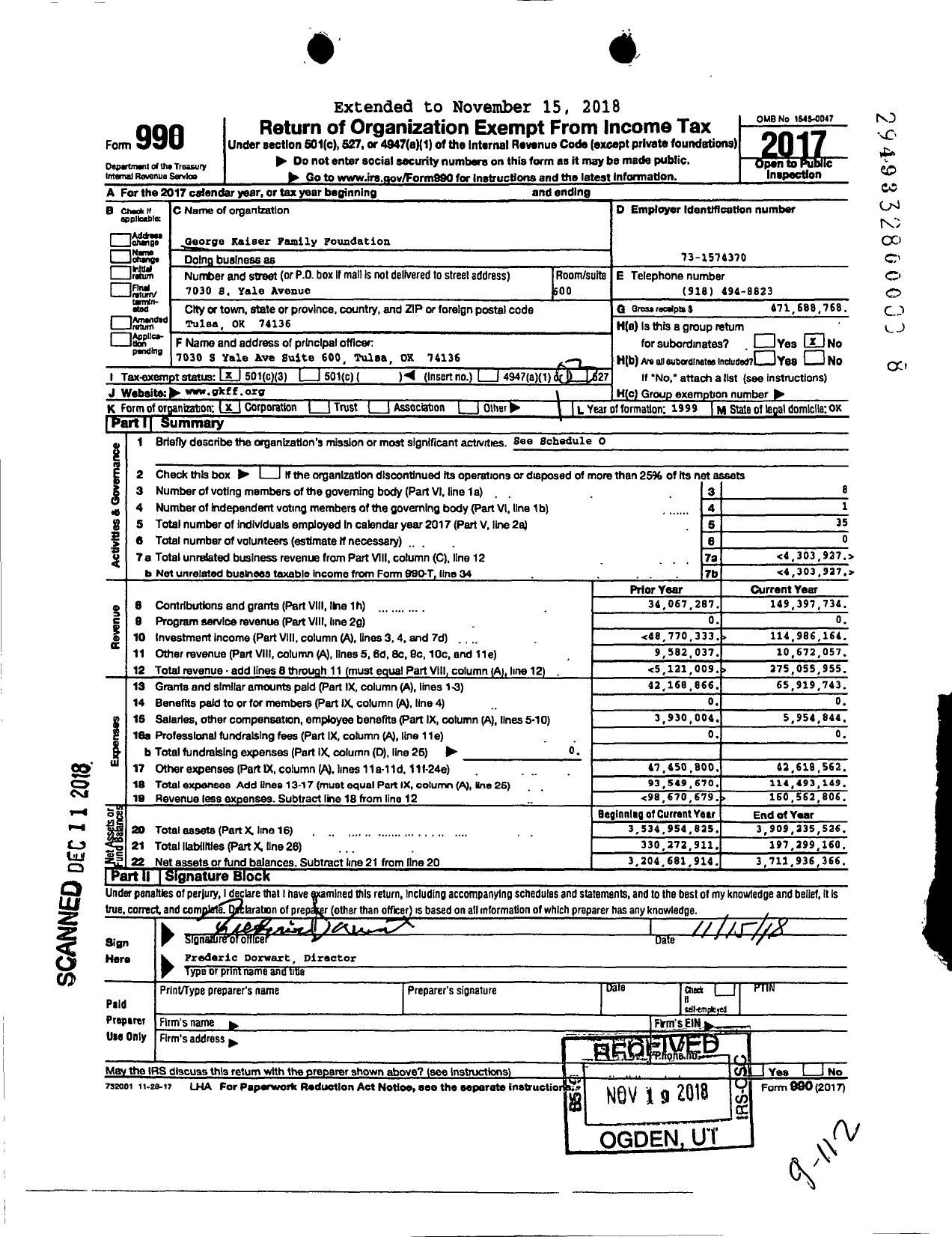 Image of first page of 2017 Form 990 for George Kaiser Family Foundation