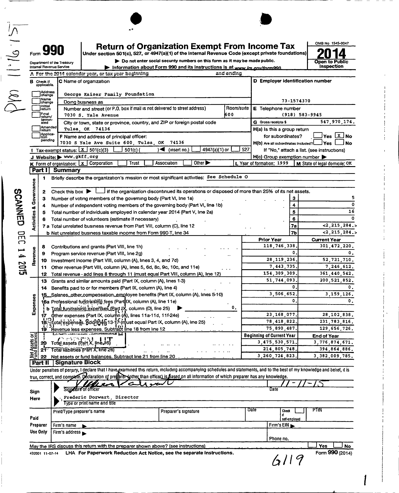 Image of first page of 2014 Form 990 for George Kaiser Family Foundation