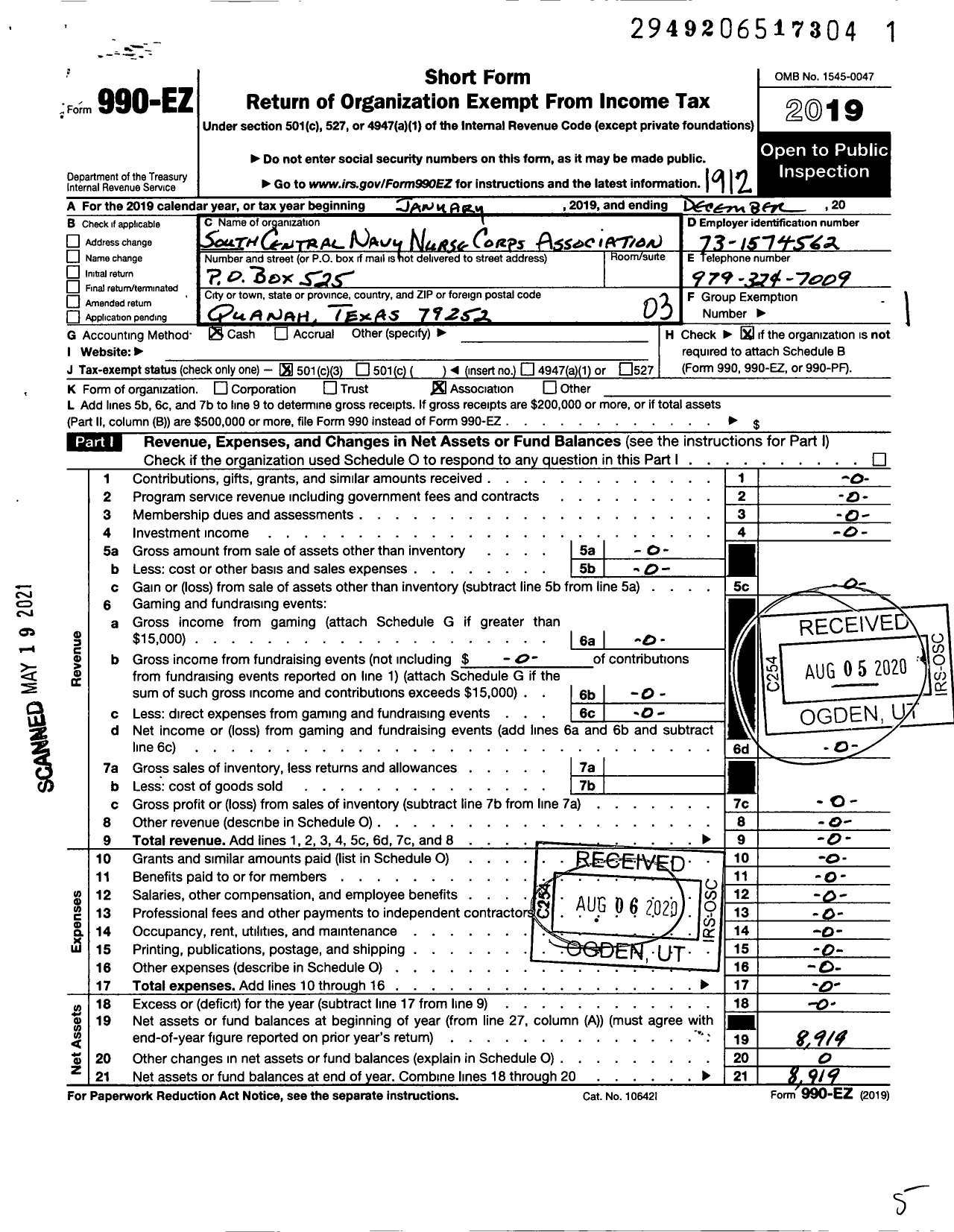 Image of first page of 2019 Form 990EZ for Navy Nurse Corps Association / South Central Navy Nurse Corps Asso