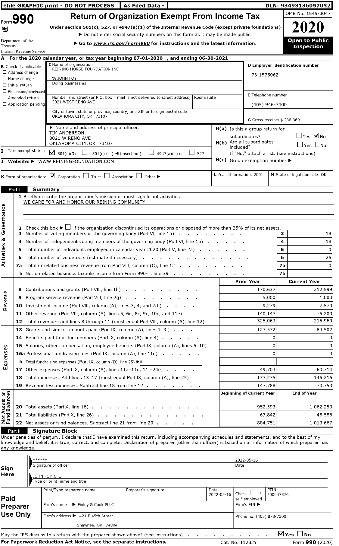 Image of first page of 2020 Form 990 for Reining Horse Foundation