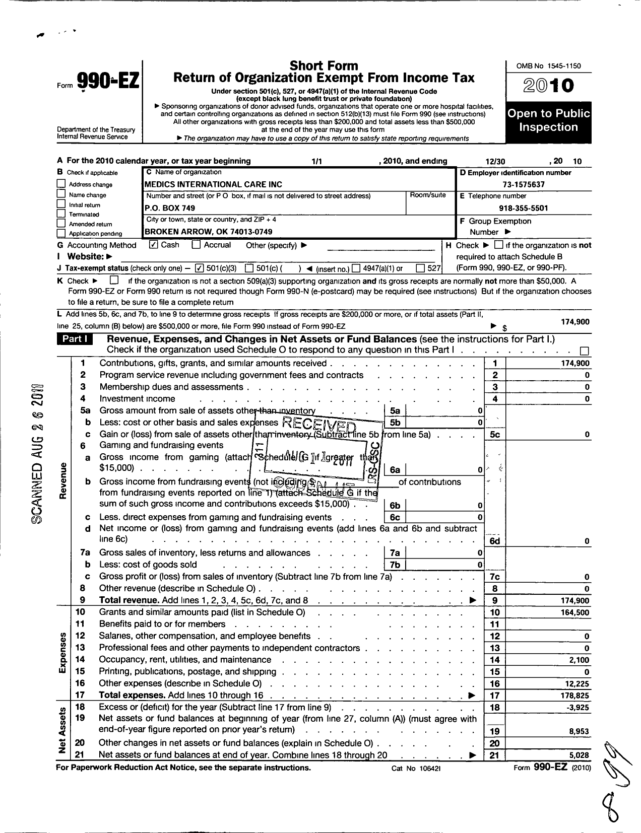 Image of first page of 2010 Form 990EZ for Medics International Care