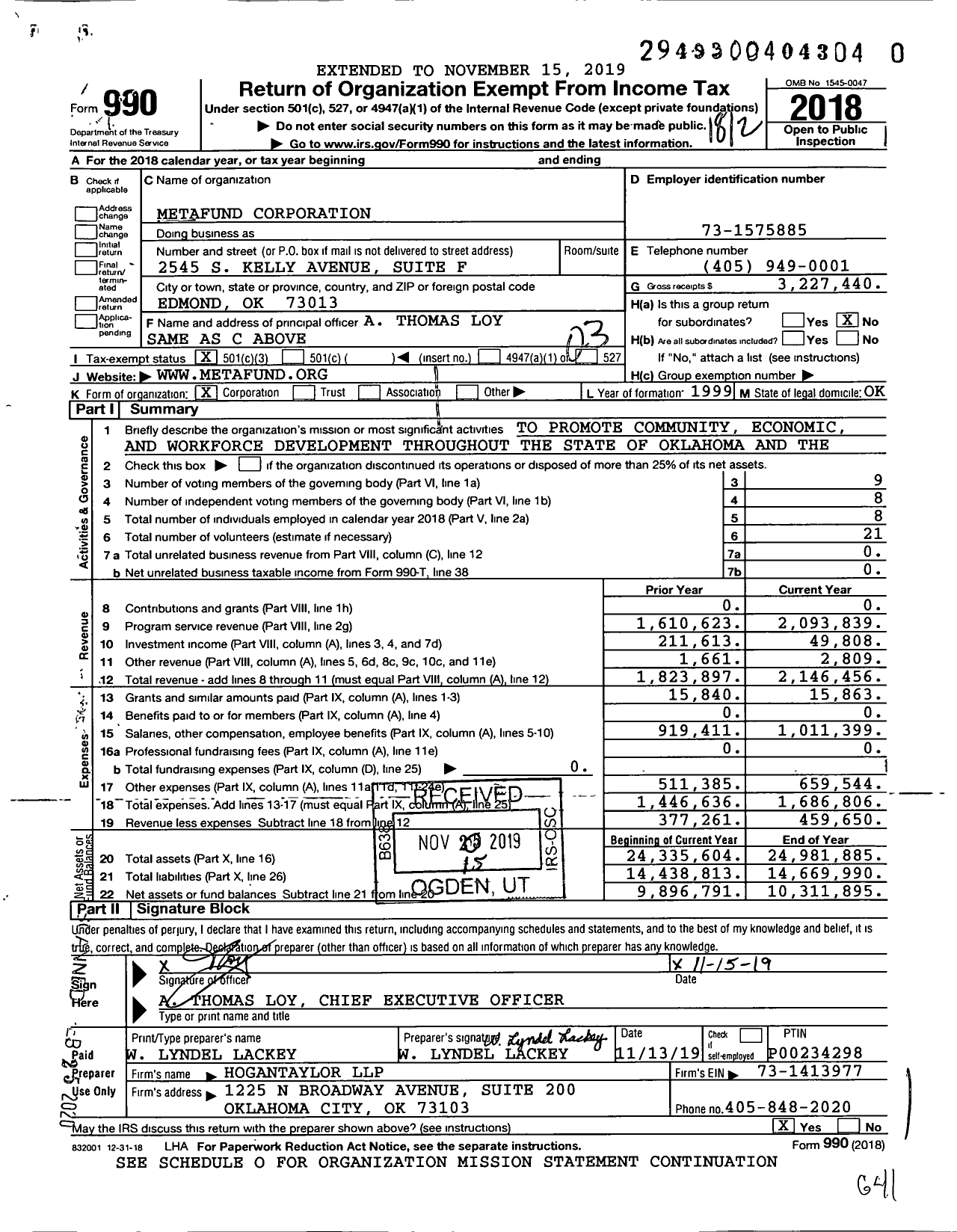 Image of first page of 2018 Form 990 for Metafund Corporation