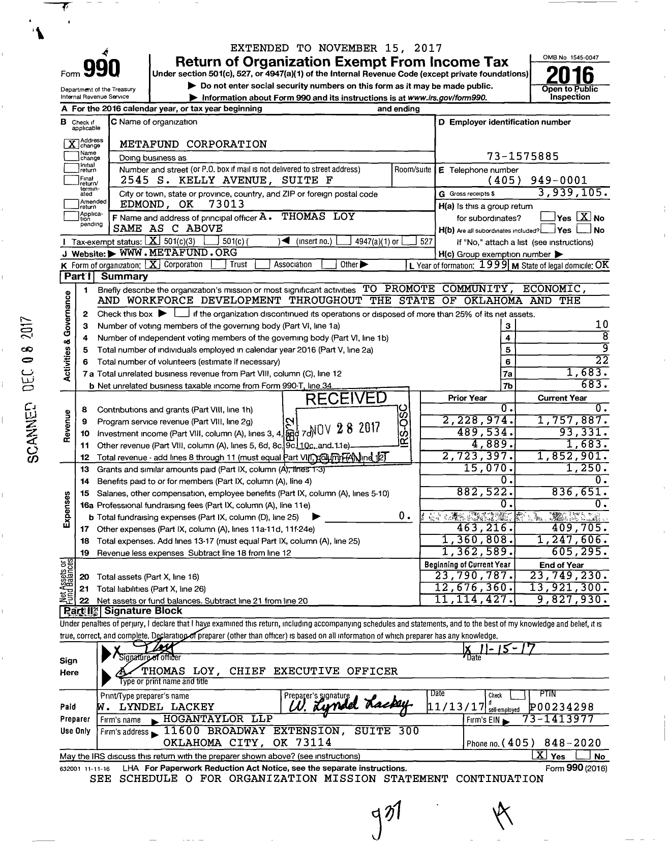 Image of first page of 2016 Form 990 for Metafund Corporation