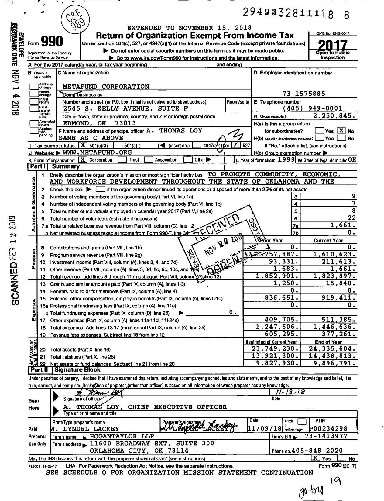Image of first page of 2017 Form 990 for Metafund Corporation