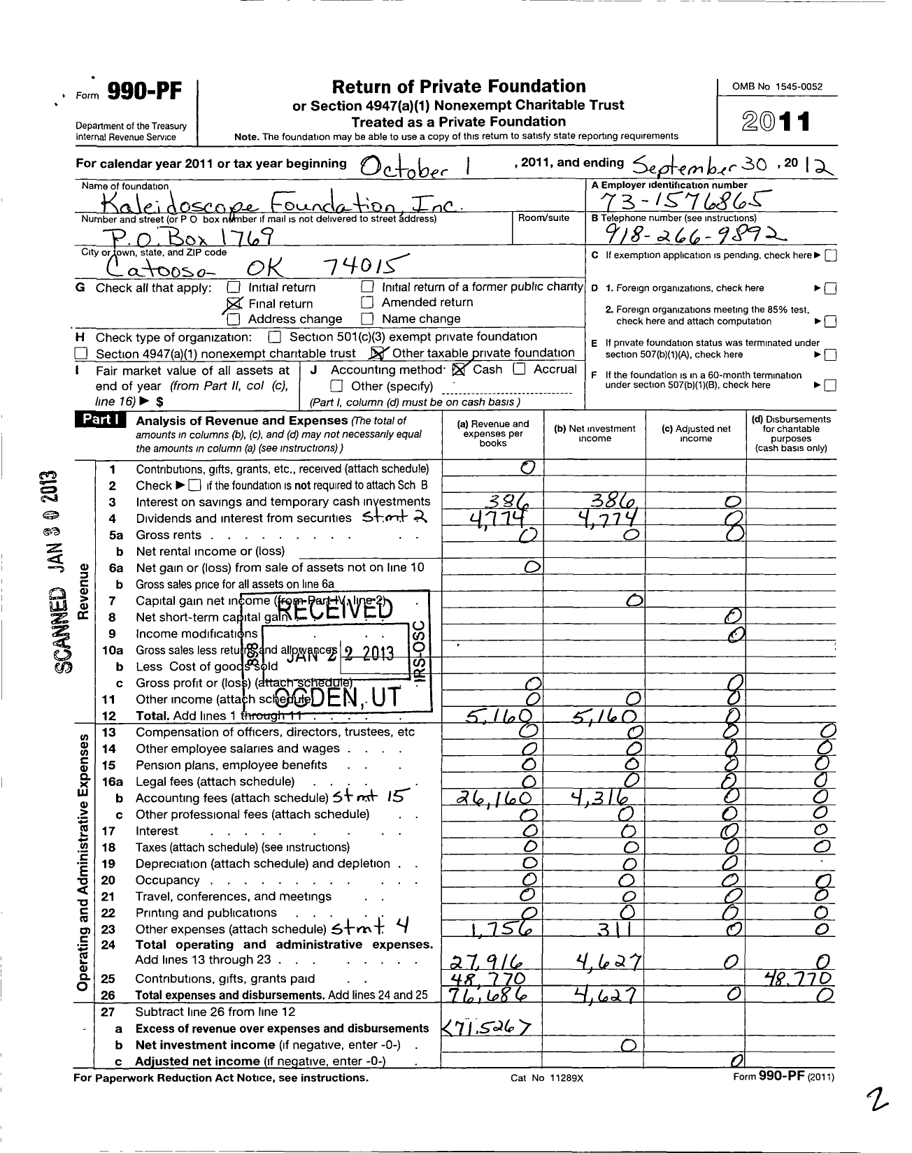 Image of first page of 2011 Form 990PF for Kaleidoscope Foundation