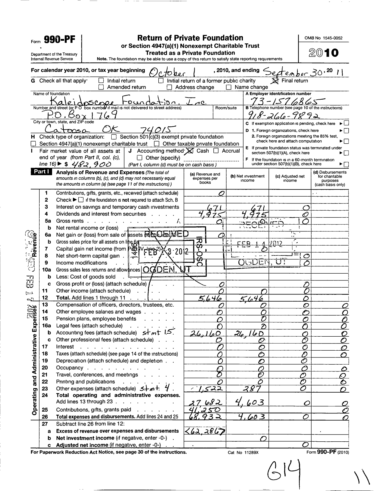 Image of first page of 2010 Form 990PF for Kaleidoscope Foundation
