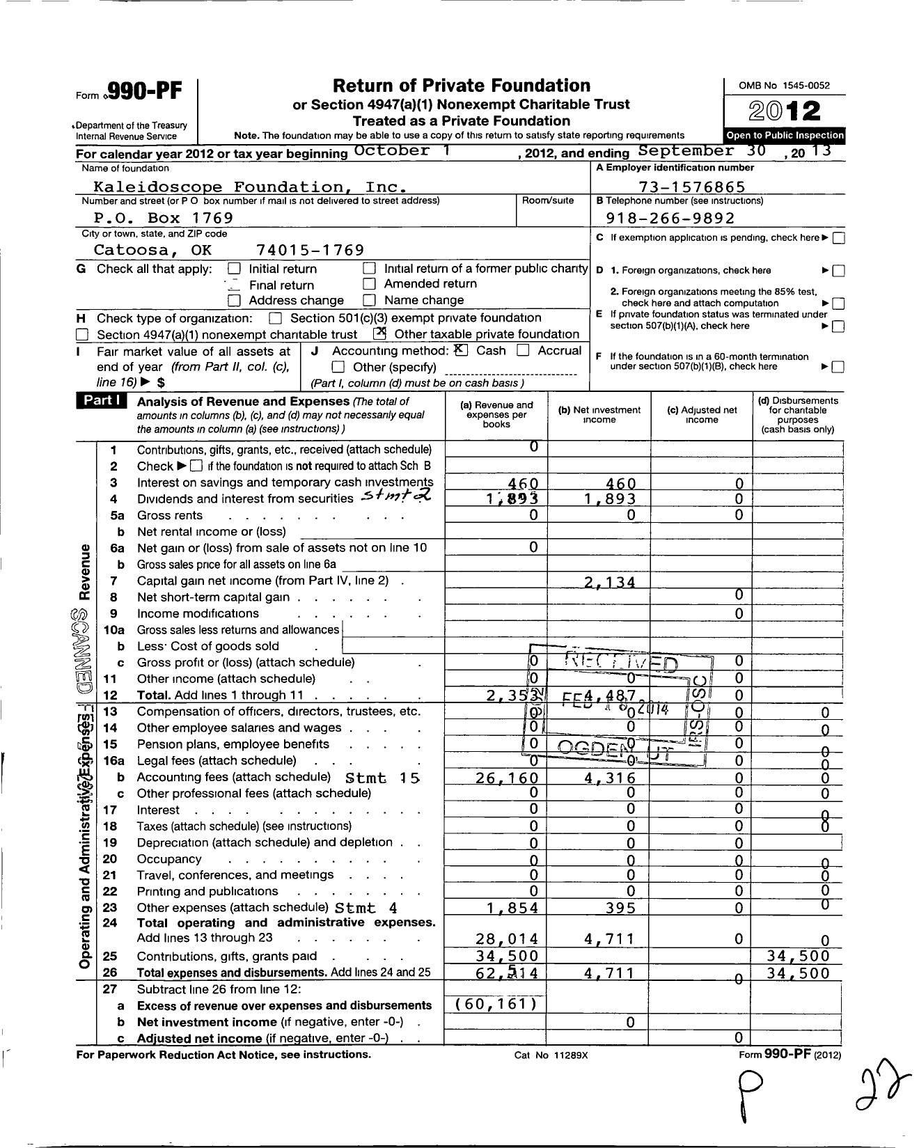 Image of first page of 2012 Form 990PF for Kaleidoscope Foundation