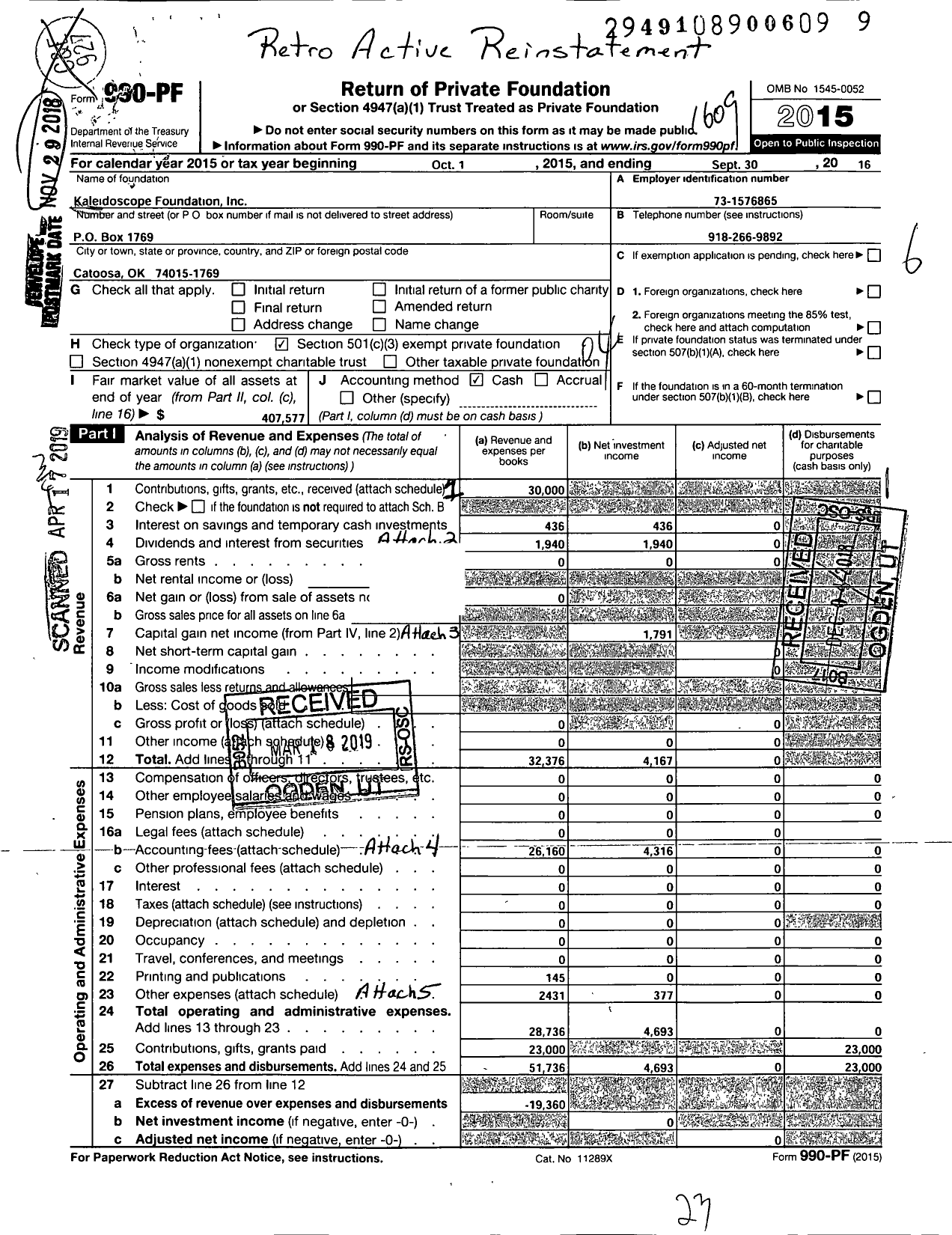 Image of first page of 2015 Form 990PF for Kaleidoscope Foundation
