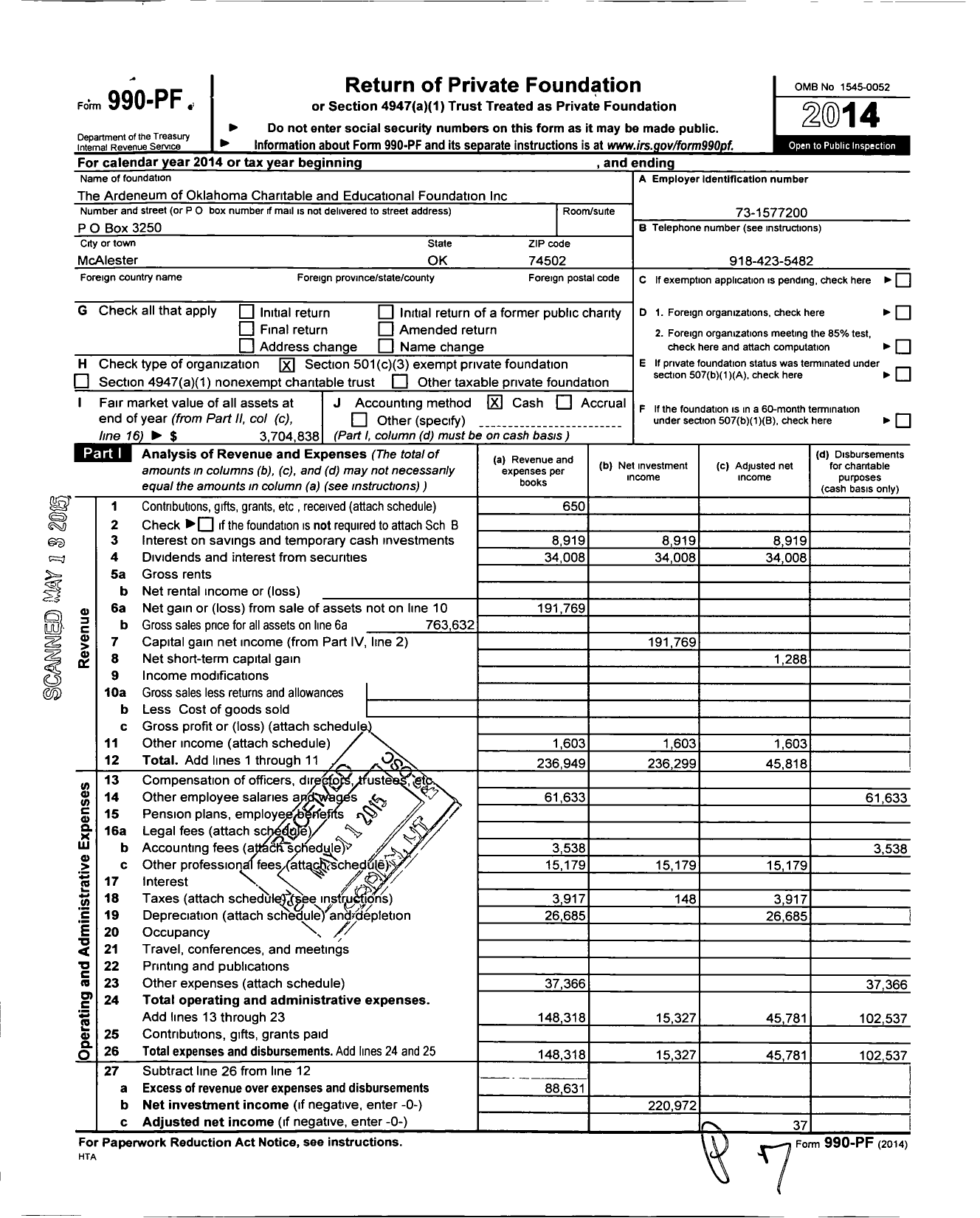 Image of first page of 2014 Form 990PF for The Ardeneum of Oklahoma Charitable and Educational Foundation