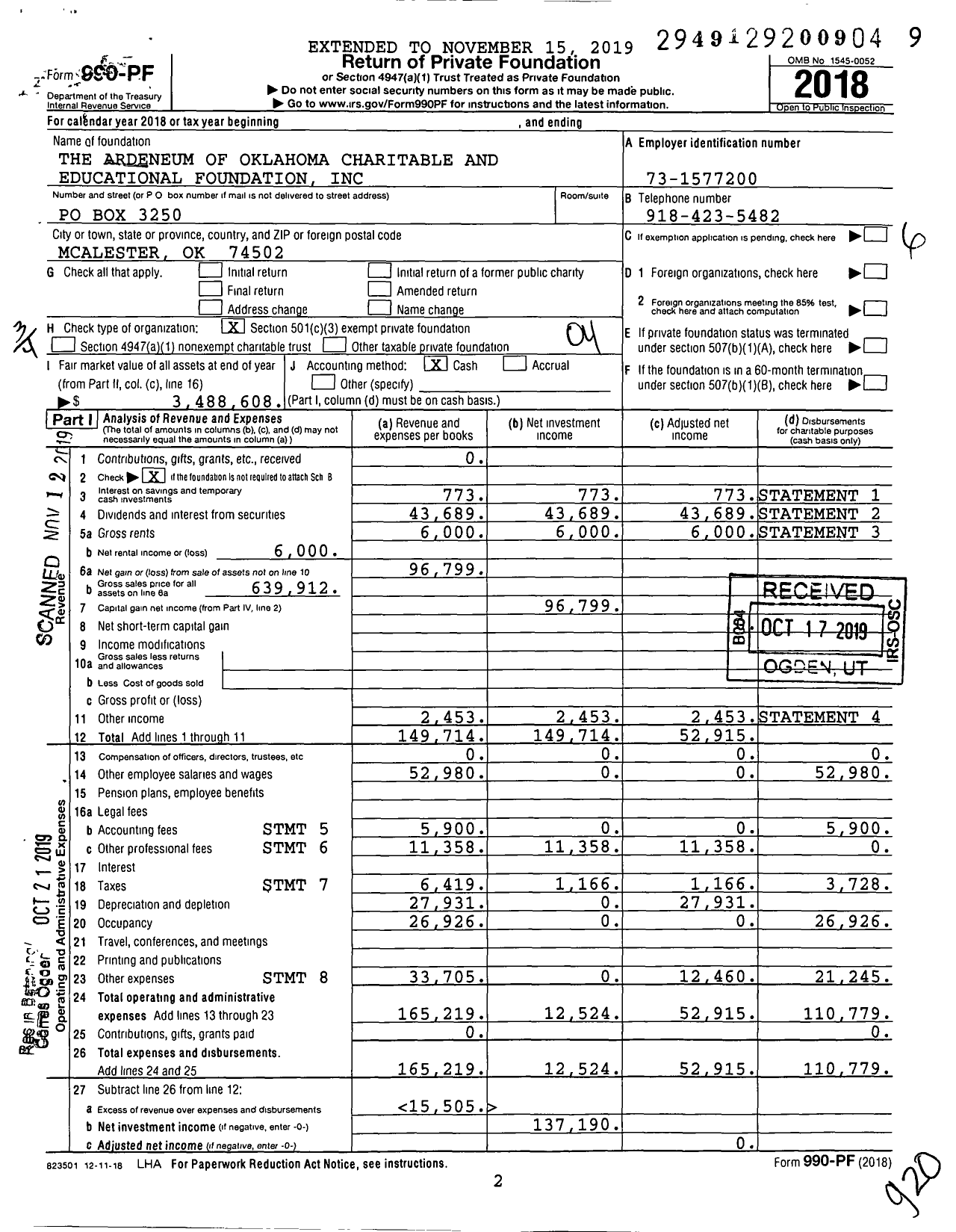 Image of first page of 2018 Form 990PF for The Ardeneum of Oklahoma Charitable and Educational Foundation