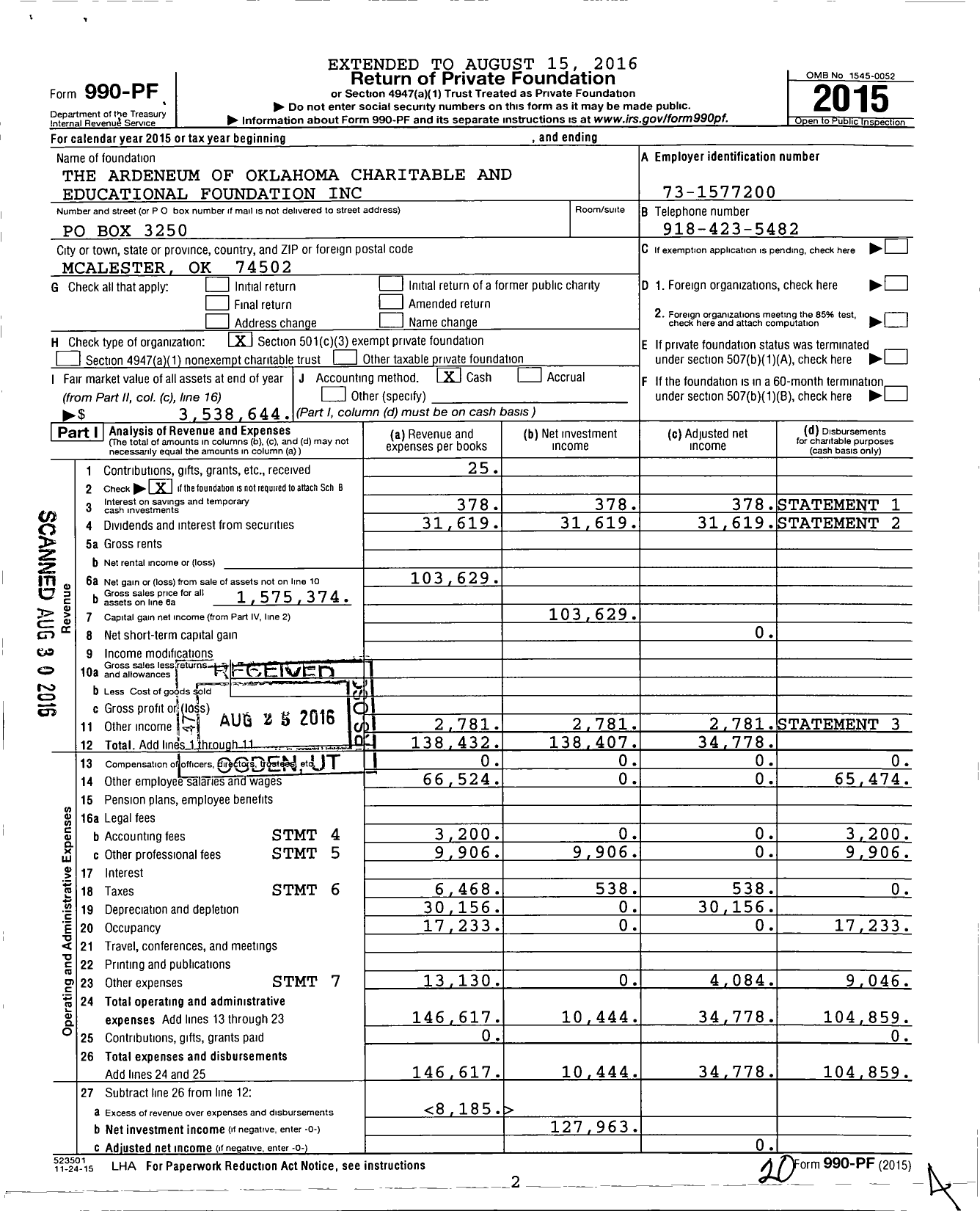 Image of first page of 2015 Form 990PF for The Ardeneum of Oklahoma Charitable and Educational Foundation