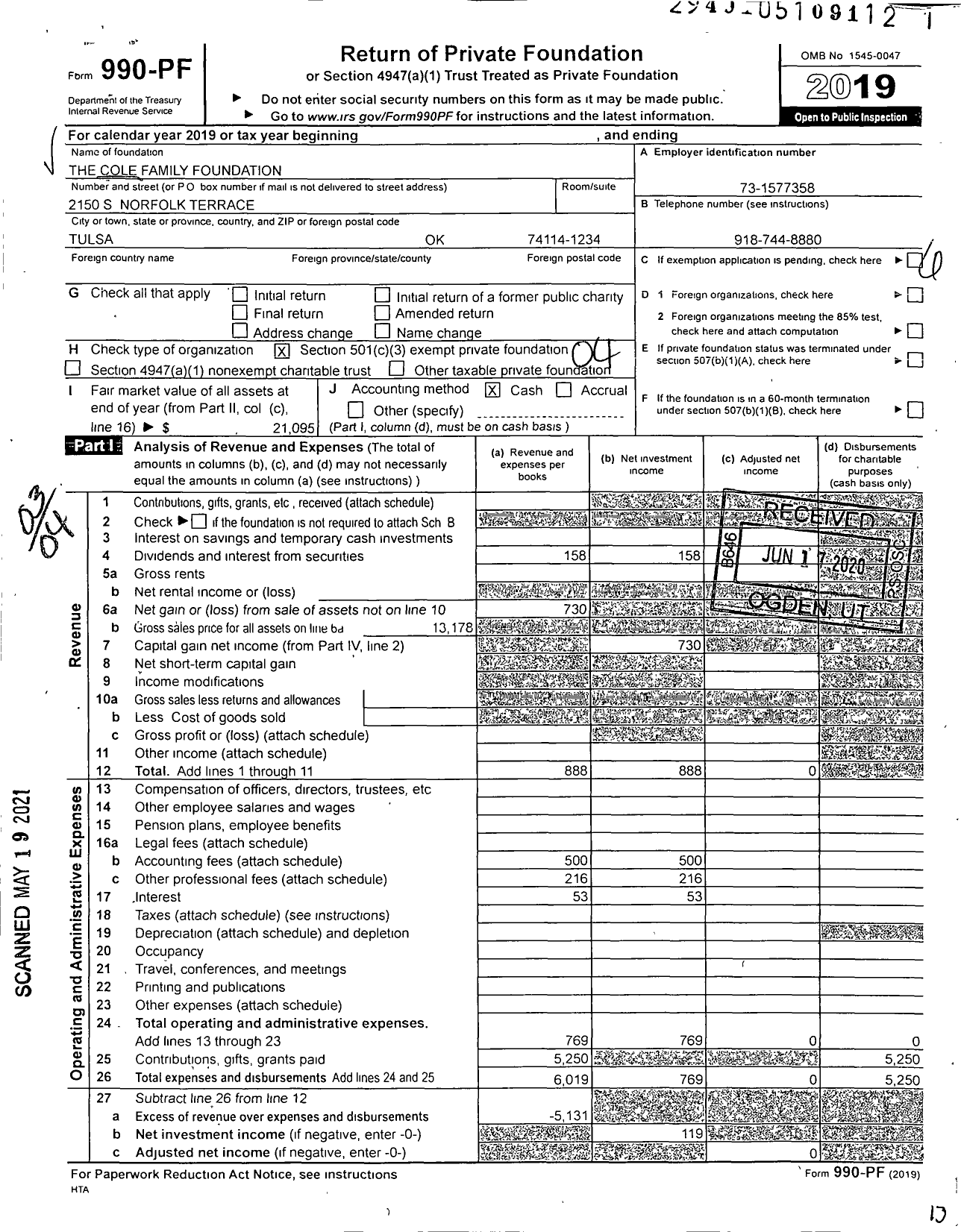 Image of first page of 2019 Form 990PF for The Cole Family Foundation