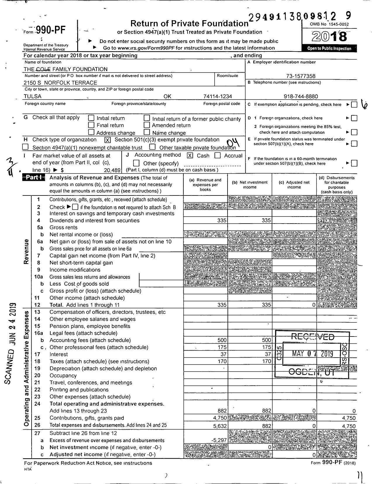 Image of first page of 2018 Form 990PF for The Cole Family Foundation