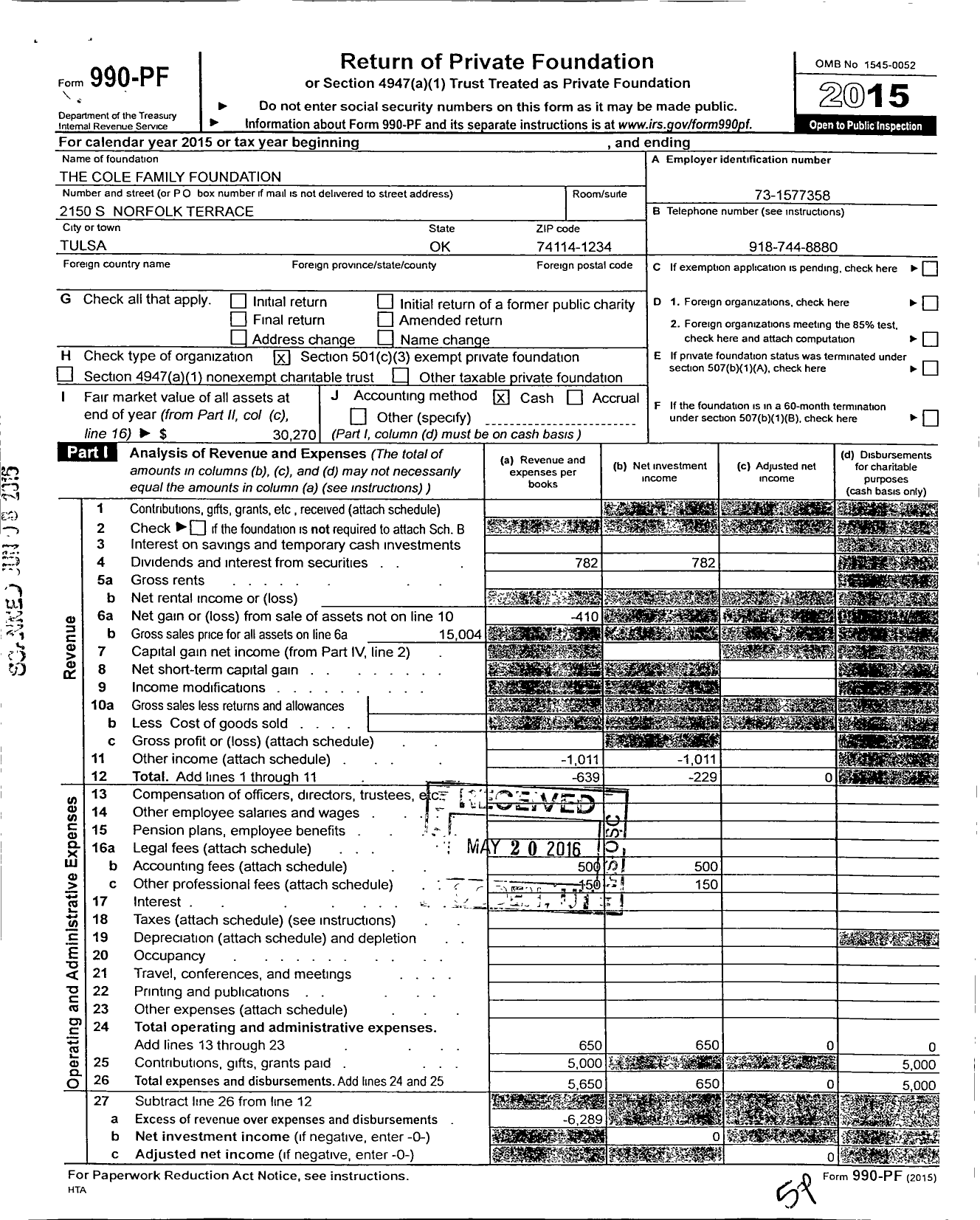 Image of first page of 2015 Form 990PF for The Cole Family Foundation