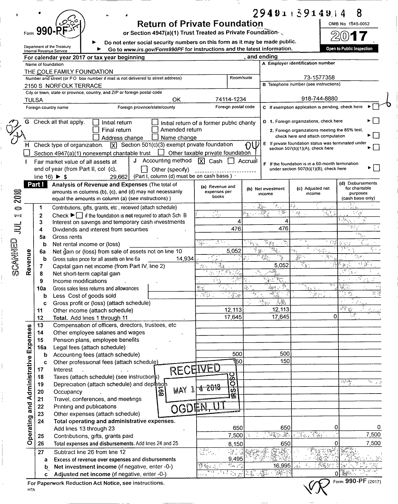 Image of first page of 2017 Form 990PF for The Cole Family Foundation