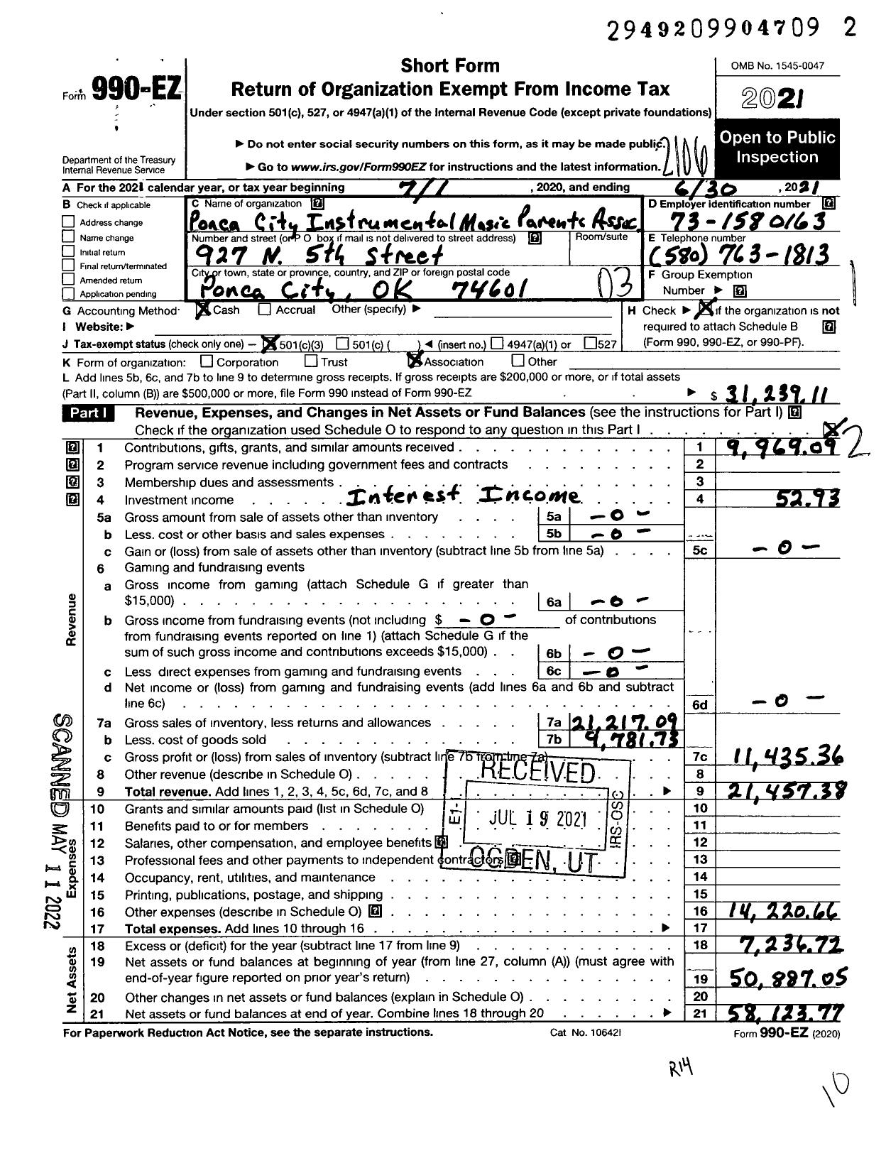 Image of first page of 2020 Form 990EZ for Ponca City Instrumental Music Parents Association