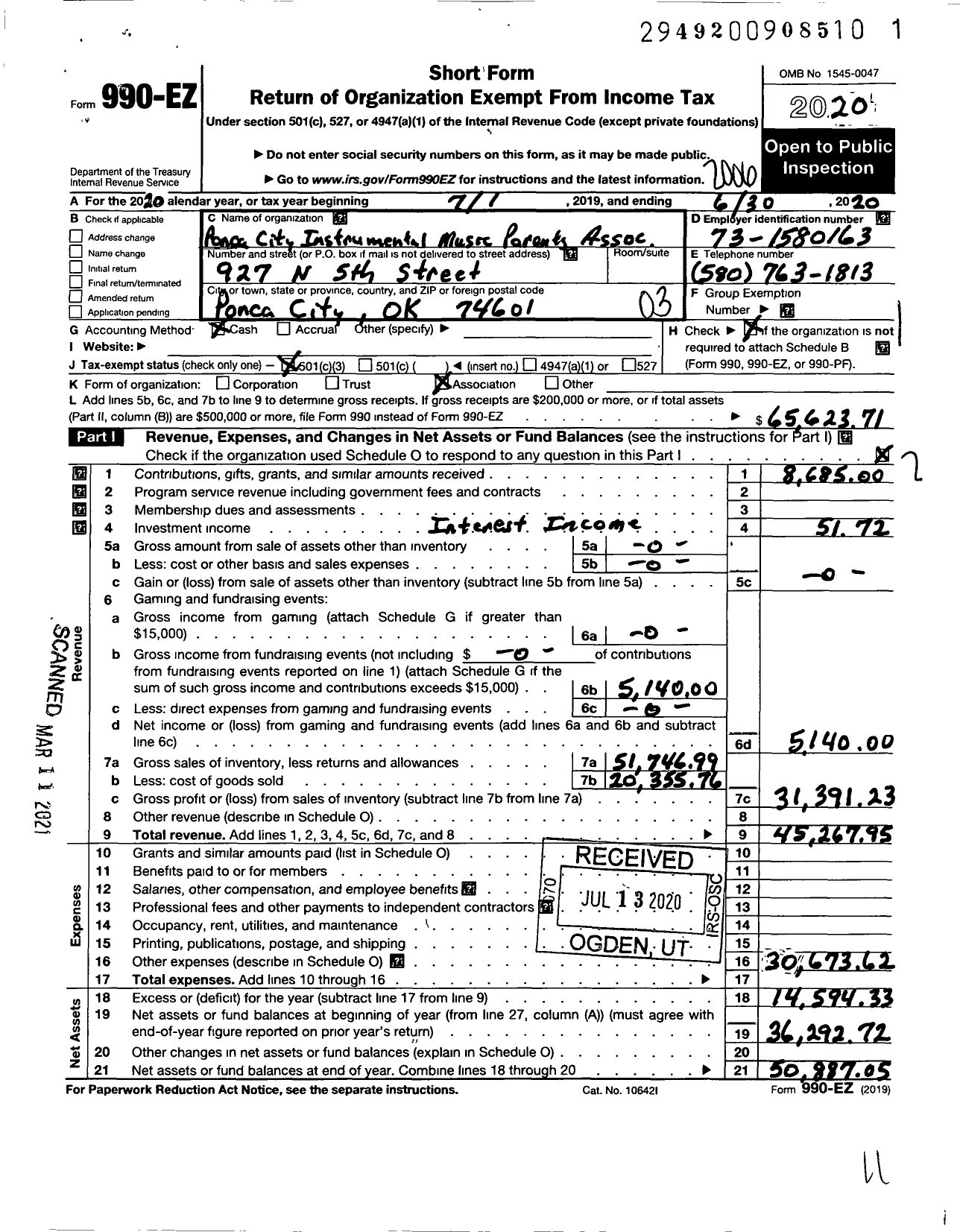 Image of first page of 2019 Form 990EZ for Ponca City Instrumental Music Parents Association