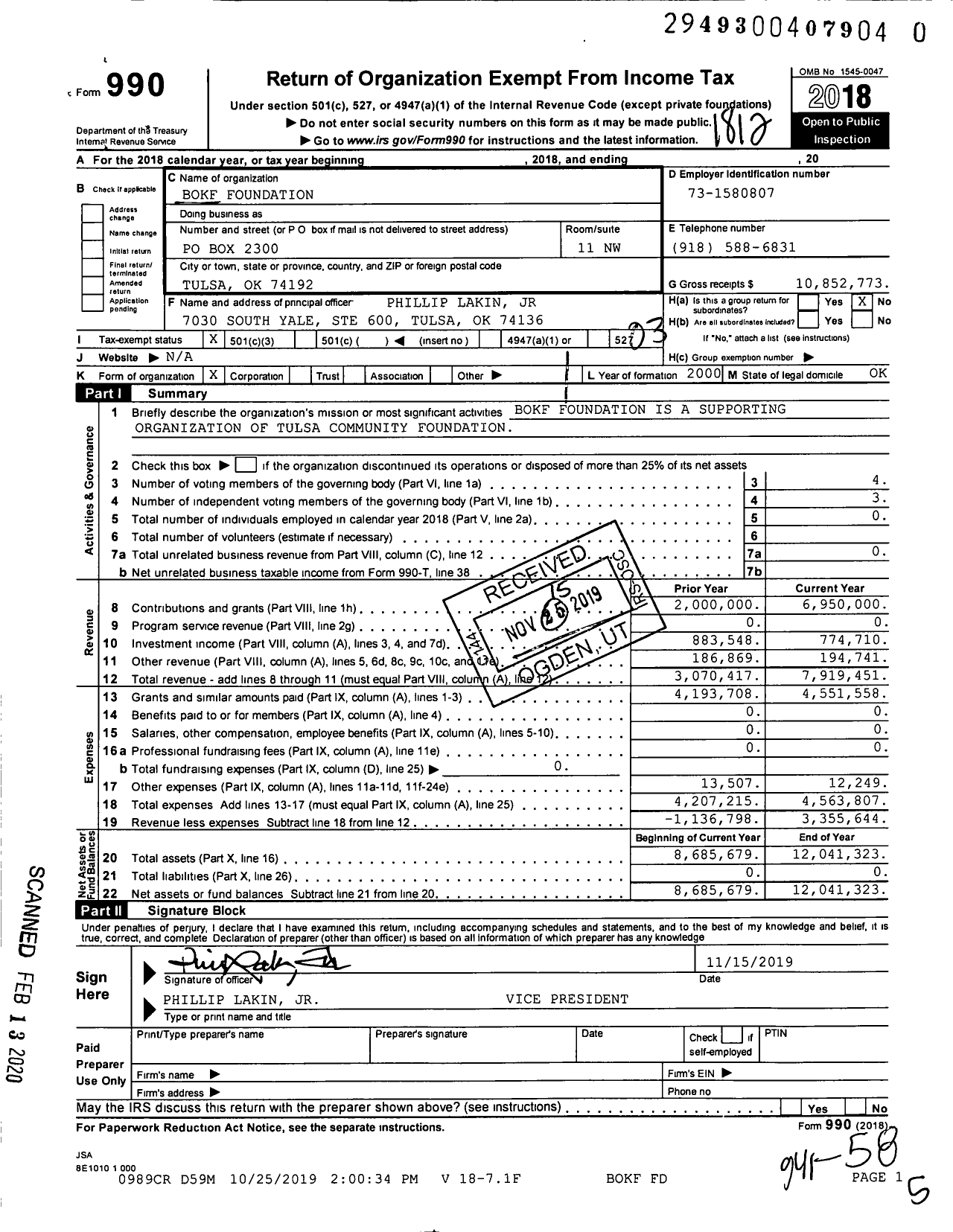 Image of first page of 2018 Form 990 for Bokf Foundation