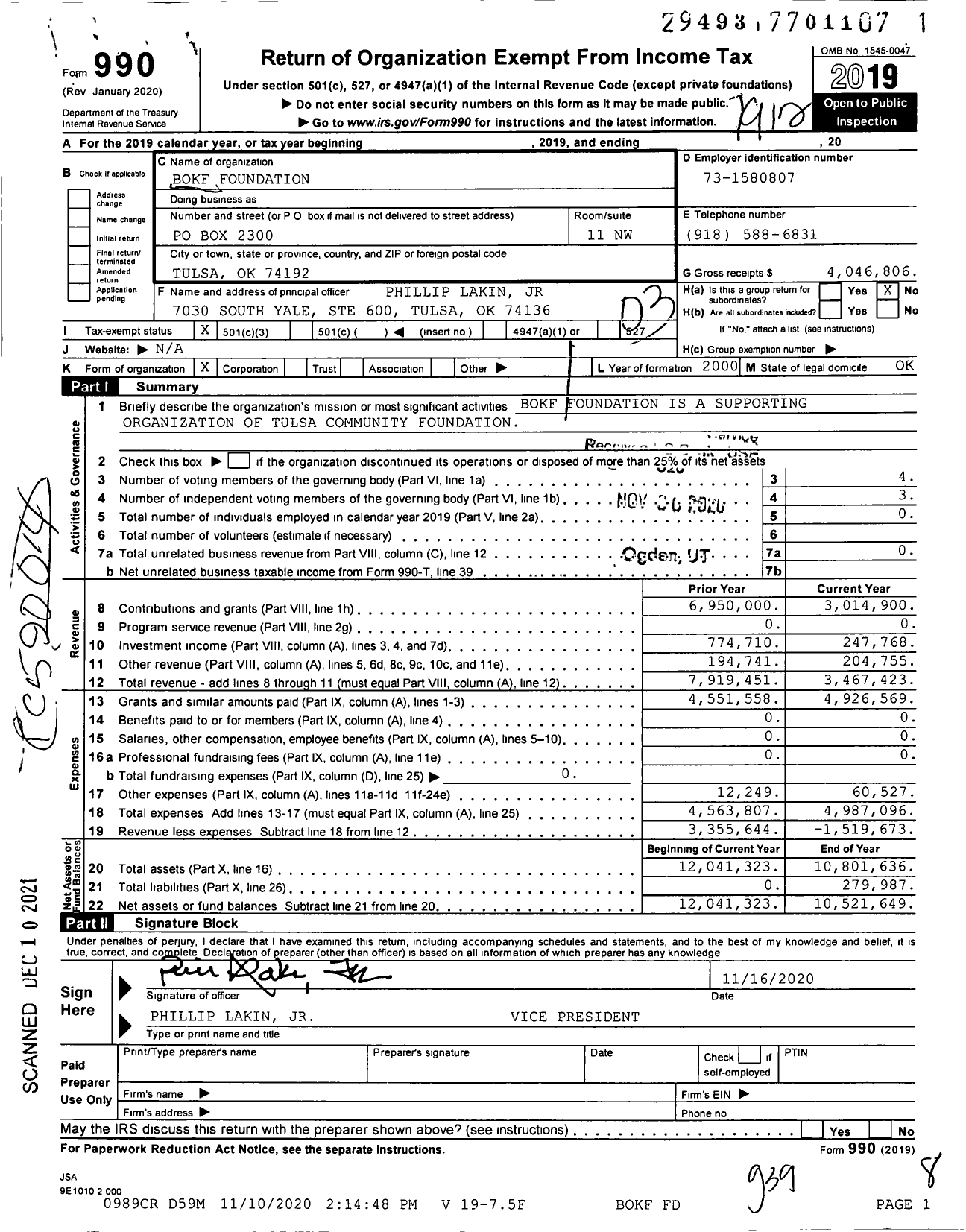 Image of first page of 2019 Form 990 for Bokf Foundation
