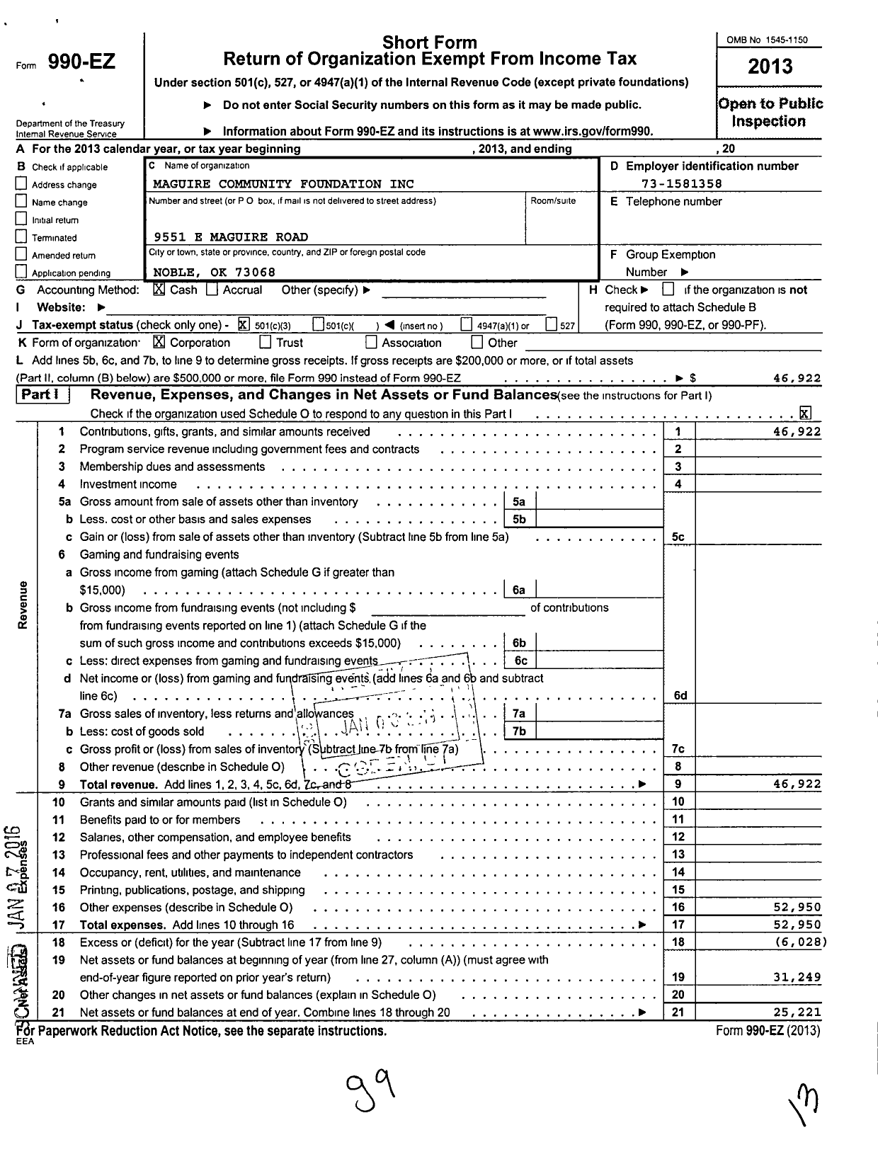 Image of first page of 2013 Form 990EZ for Maguire Community Foundation